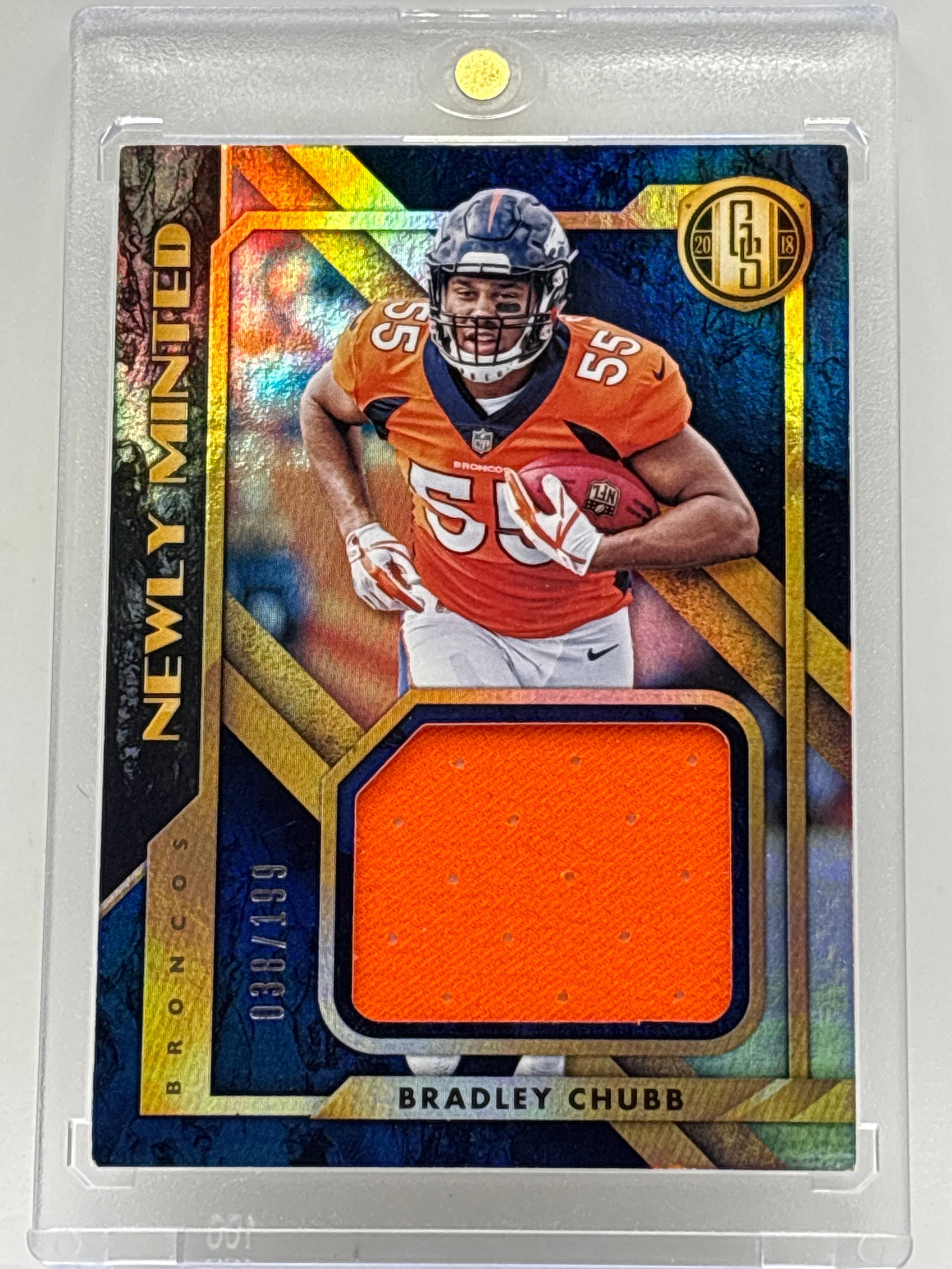 38/199!! 2018 PANINI GOLD STANDARD BRADLEY CHUBB NEWLY MINTED AUTHENTIC PLAYER-WORN ROOKIE PATCH: THE HOBBY BOX