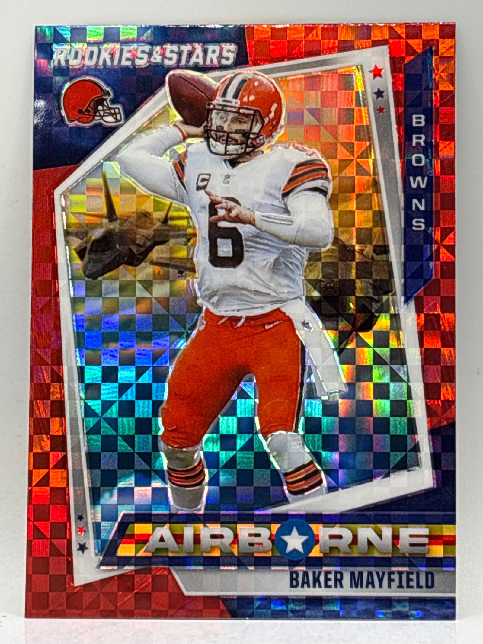 2021 PANINI ROOKIES & STARS BAKER MAYFIELD RED CHECKERBOARD AIRBORNE PRIZM HOLO SP (1 of 4)