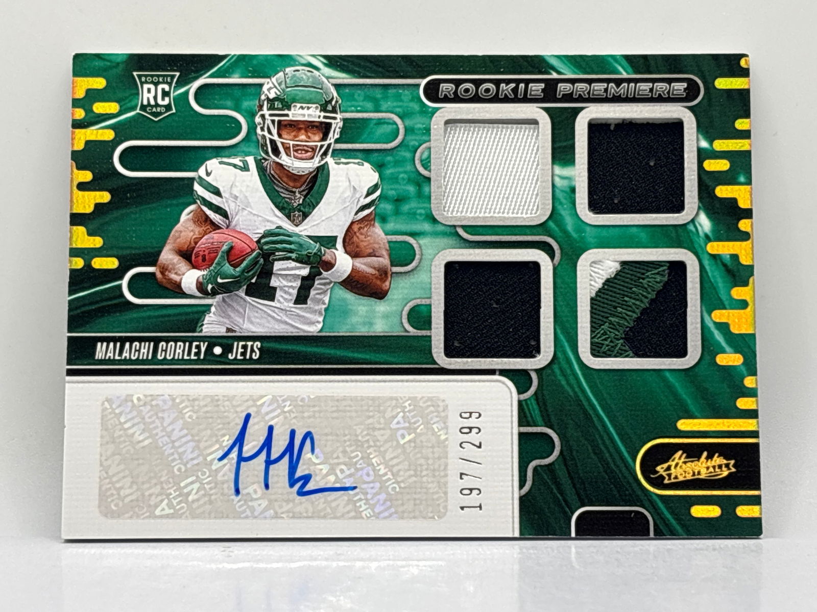 197/299!! 2024 PANINI ABSOLUTE ROOKIE PREMIERE RPA MALACHI CORLEY QUAD PATCH AUTOGRAPHED ROOKIE CARD (1 of 5)
