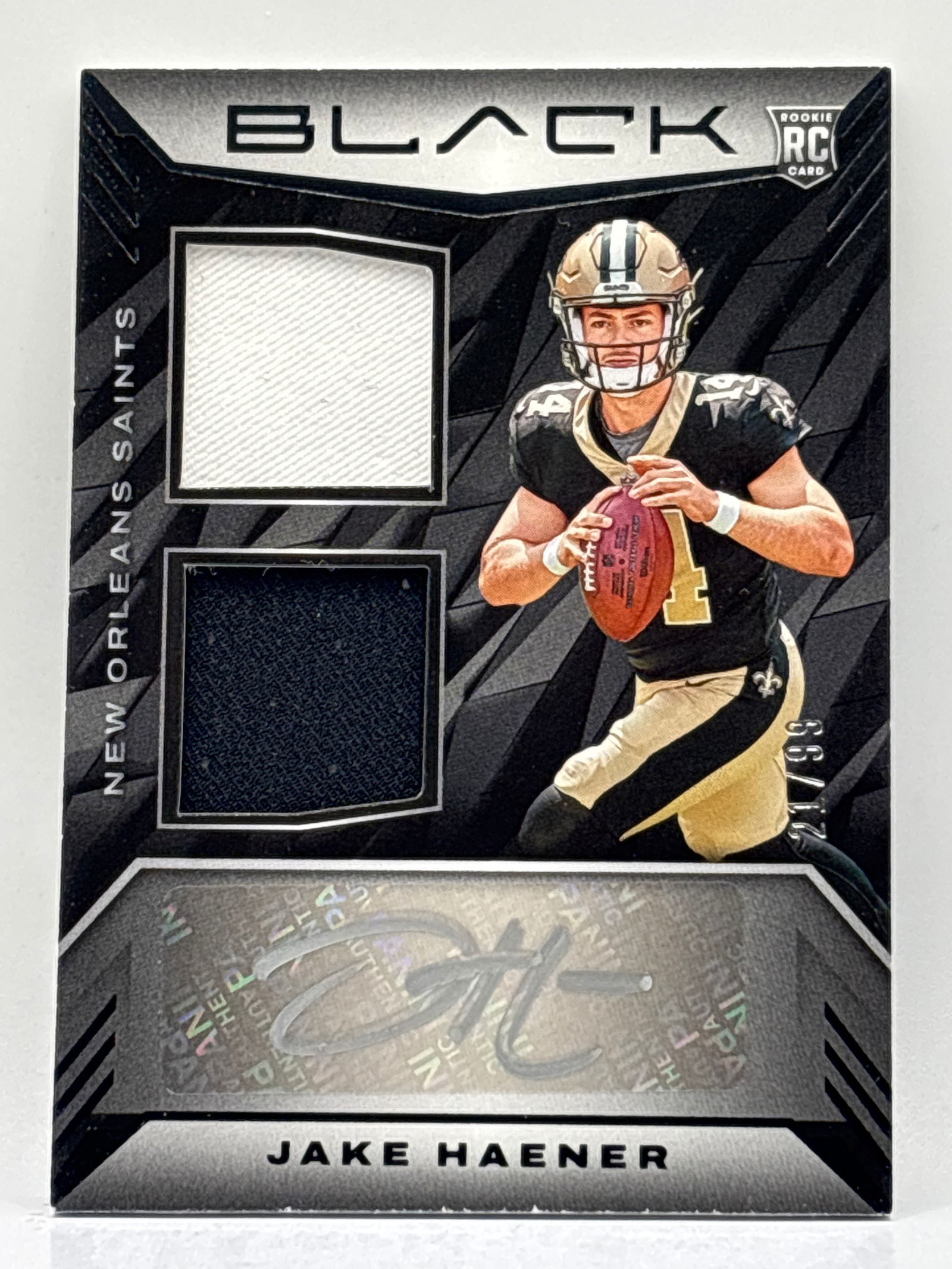 21/99!! 2023 PANINI BLACK RPA JACJ HAENER DUAL PATCH AUTOGRAPHED ROOKIE CARD (1 of 4)