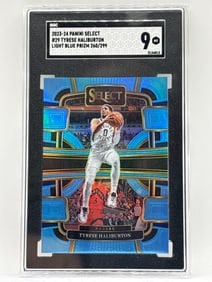 260/299!! 2023-24 PANINI SELECT TYRESE HALIBURTON LIGHT BLUE PRIZM HOLO SP GRADED SGC MINT 9