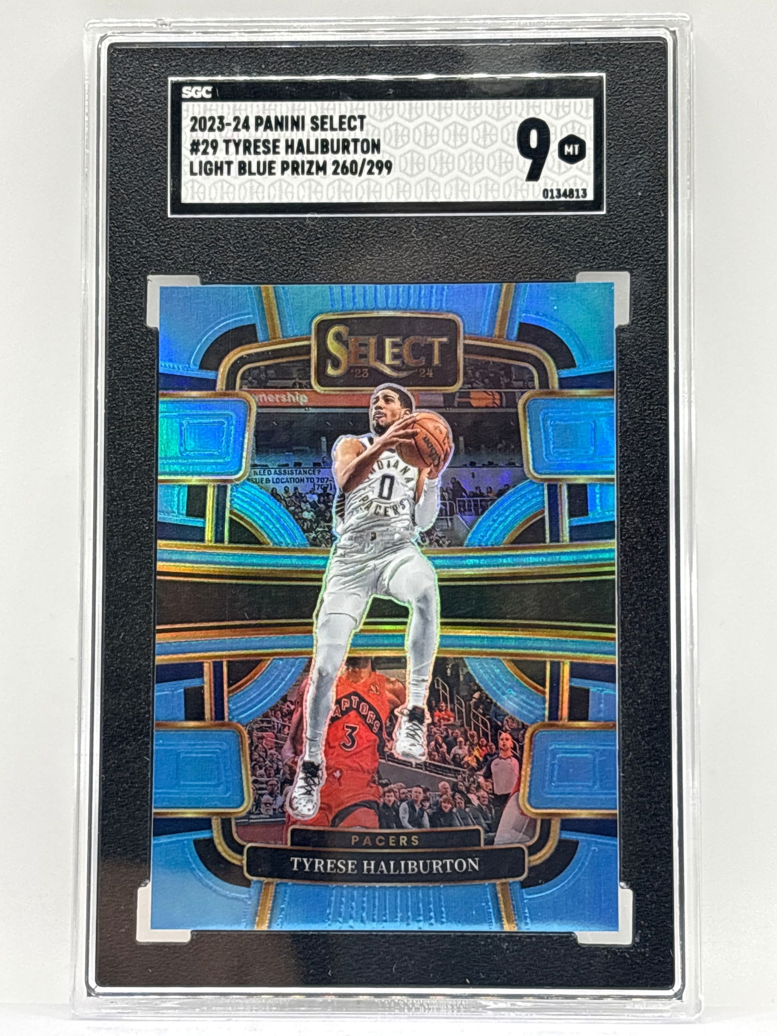 260/299!! 2023-24 PANINI SELECT TYRESE HALIBURTON LIGHT BLUE PRIZM HOLO SP GRADED SGC MINT 9 (1 of 5)