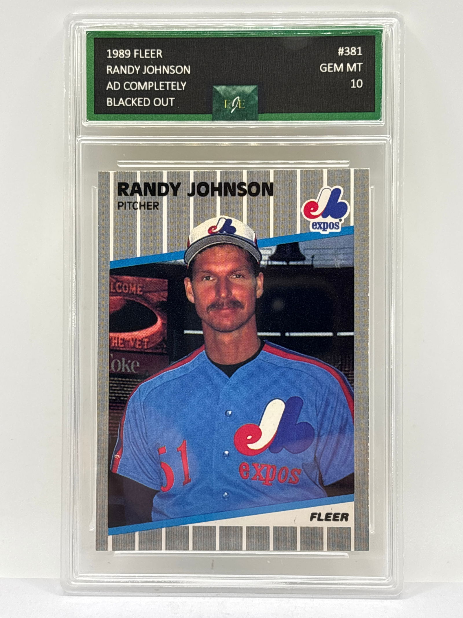ICONIC RANDY JOHNSON ERROR ROOKIE CARD 1989 FLEER AD COMPLETELY BLACKED OUT GRADED GEM MINT 10 (1 of 3)
