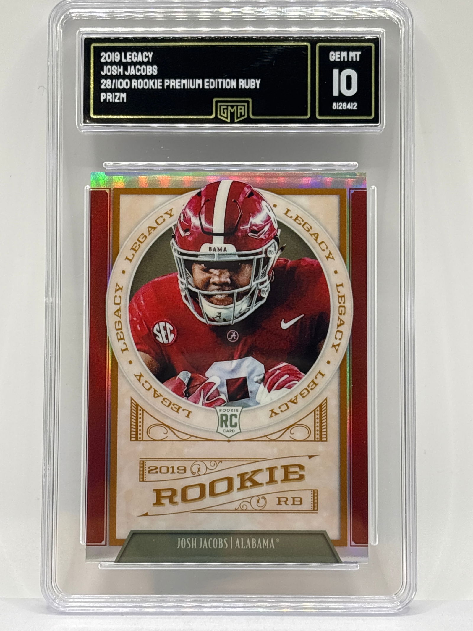 28/100!! 2019 PANINI LEGACY DRAFT JOSH JACOBS ROOKIE PREMIUM EDITION RUBY PRIZM HOLO GEM MINT 10: THE HOBBY BOX