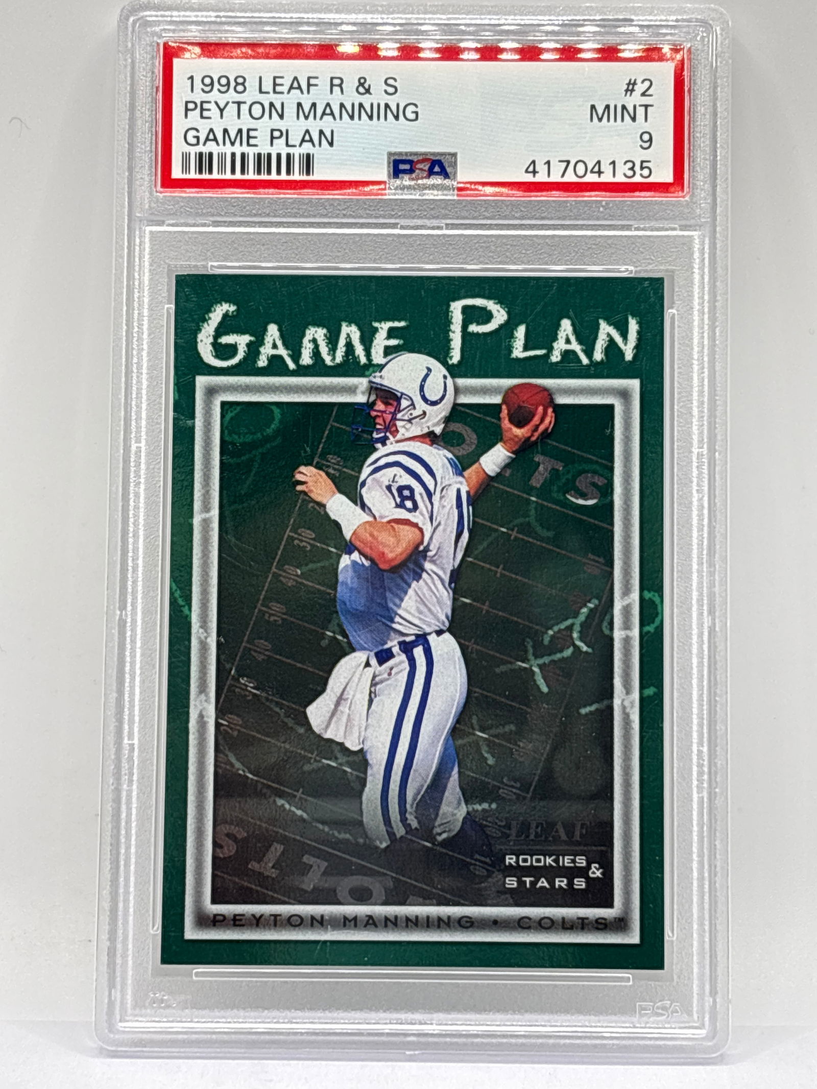 4695/5000!! 1998 DONRUSS LEAF ROOKIES & STARS PEYTON MANNING GAME PLAN INSERT GRADED PSA MINT 9 (1 of 5)