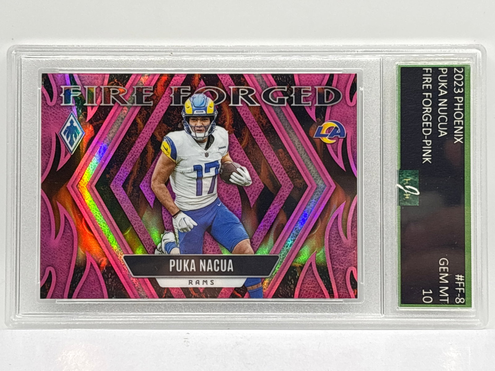 21/175!! 2023 PANINI PHOENIX PUKA NACUA FIRE-FORGED PINK ROOKIE CARD GRADED GEM MINT 10: THE HOBBY BOX