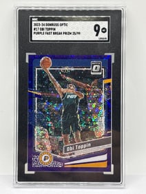 25/99!! 2023-24 PANINI DONRUSS OPTIC OBI TOPPIN PURPLE FAST BREAK PRIZM HOLO SP GRADED SGC MINT 9