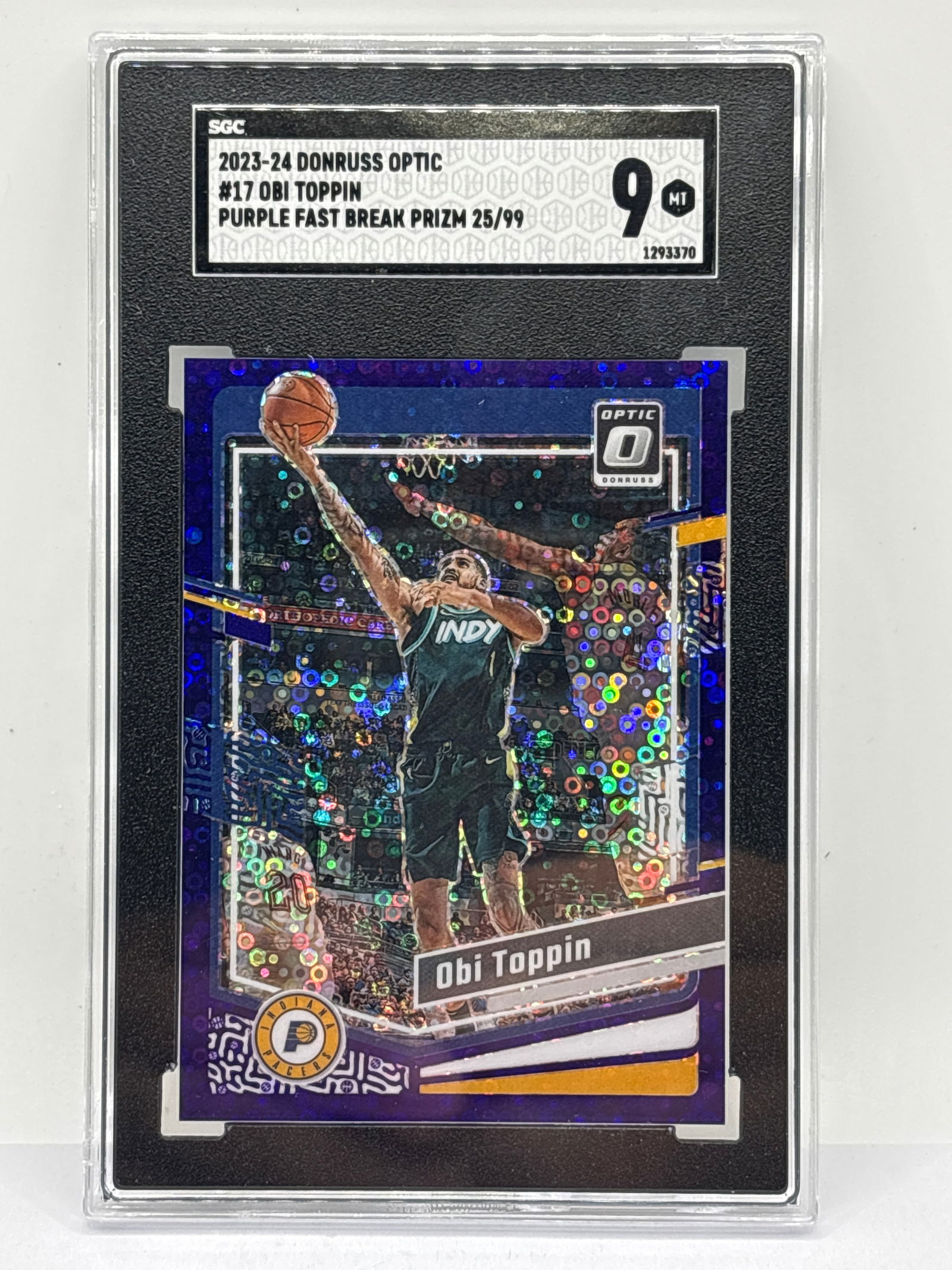 25/99!! 2023-24 PANINI DONRUSS OPTIC OBI TOPPIN PURPLE FAST BREAK PRIZM HOLO SP GRADED SGC MINT 9 (1 of 4)