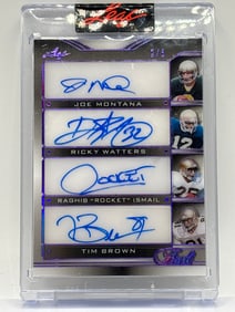 SUPER RARE /5 2025 LEAF PEARL JOE MONTANA & RICKY WATTERS & ROCKET ISMAIL & TIM BROWN QUAD AUTO