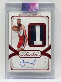 /15 2023-24 PANINI FLAWLESS JONAS VALANCIUNAS ON-CARD AUTOGRAPHED NAME PATCH RED FOIL