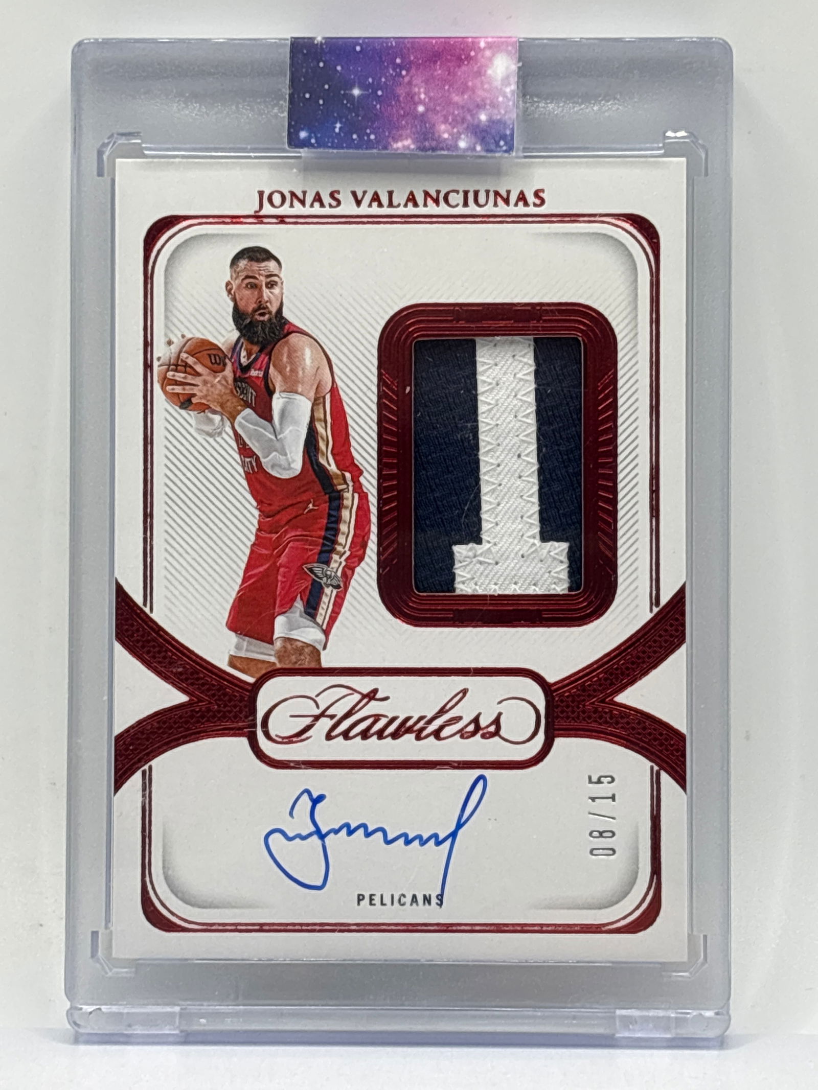 /15 2023-24 PANINI FLAWLESS JONAS VALANCIUNAS ON-CARD AUTOGRAPHED NAME PATCH RED FOIL (1 of 4)
