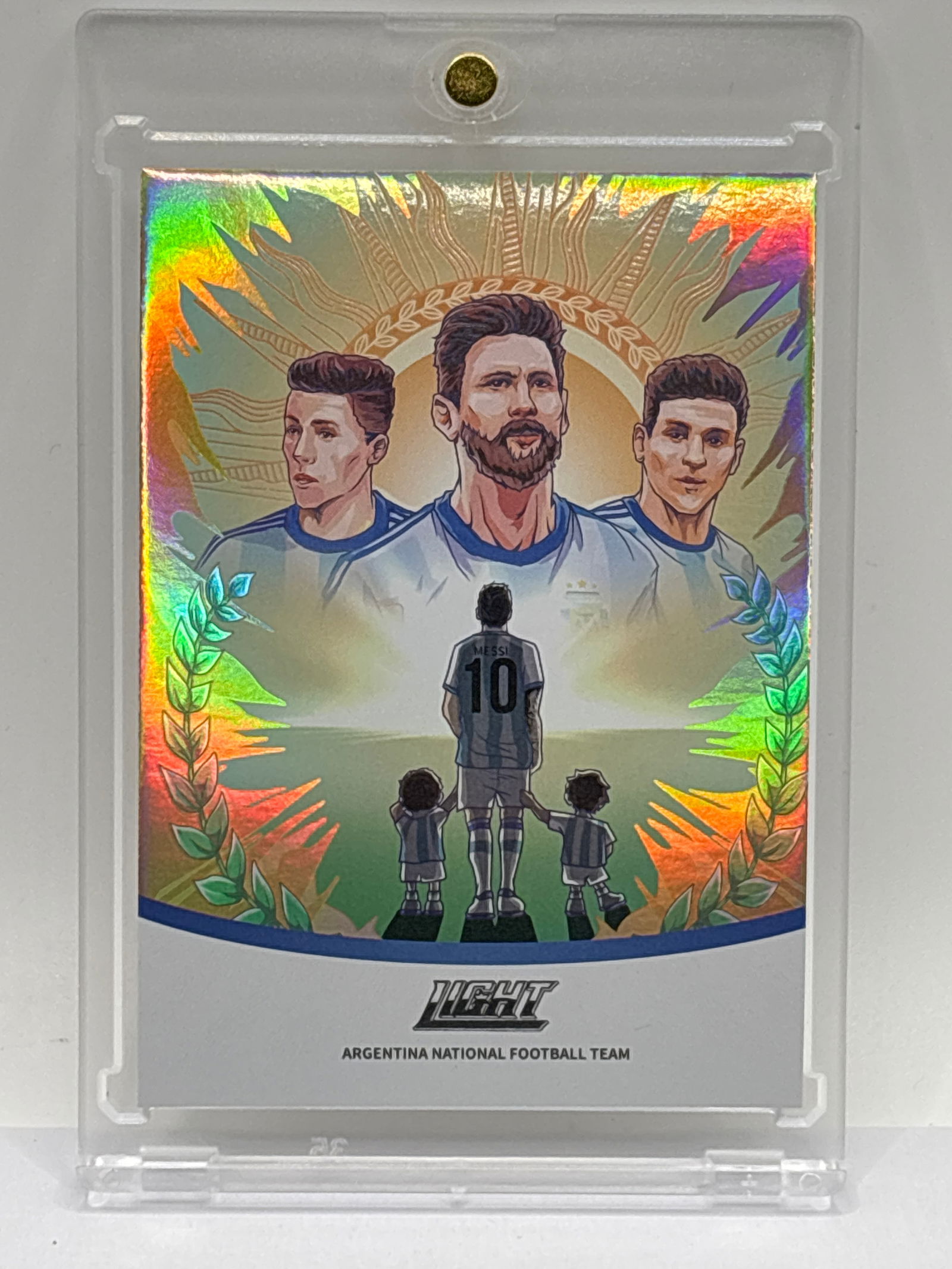 RARE CASE HIT! 2022 FANS MALL LIGHT LIONEL MESSI ARGENTINA HOLO FUTURE SSP (1 of 4)