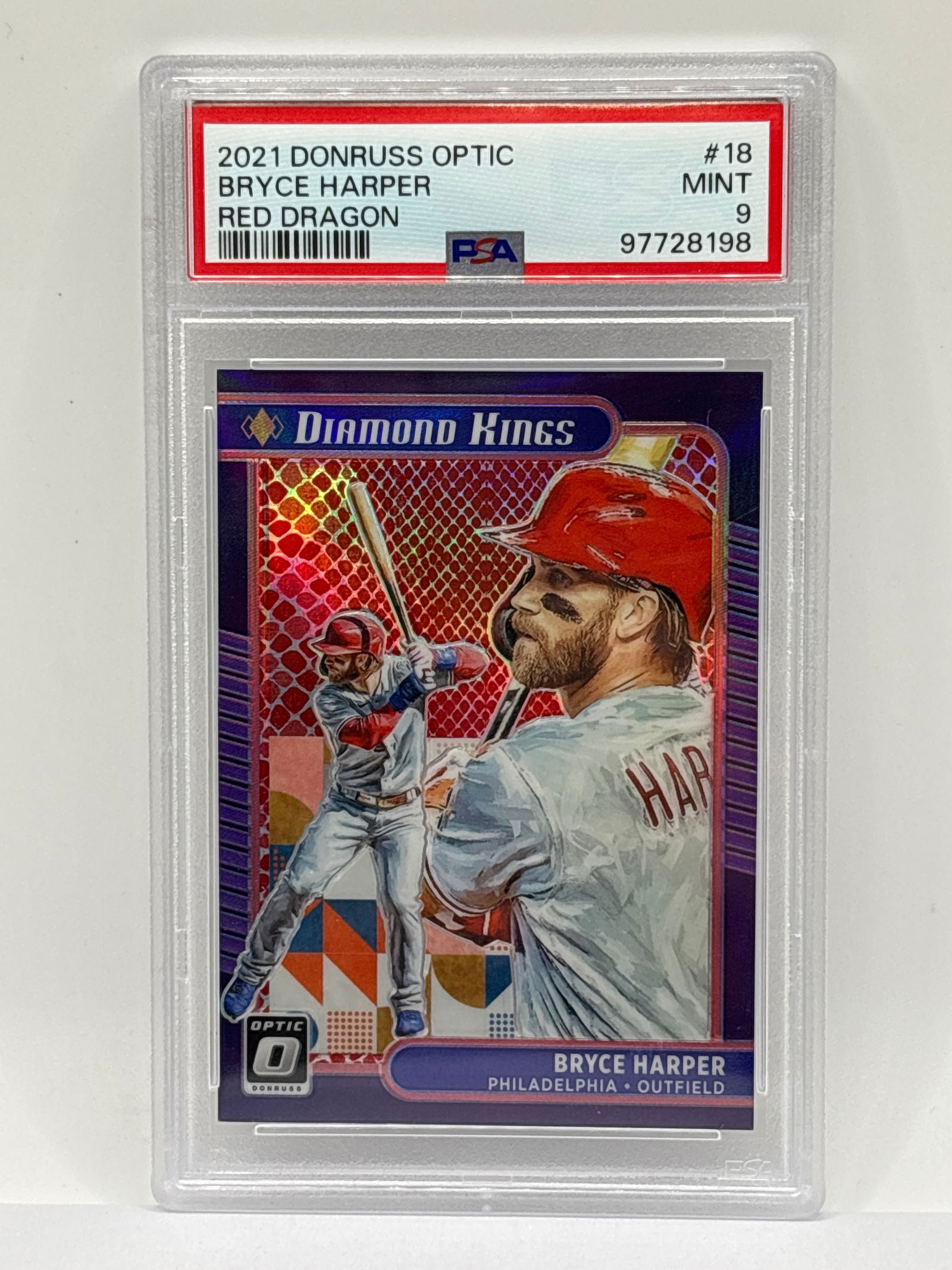 /110 2021 PANINI DONRUSS OPTIC DIAMOND KINGS BRYCE HARPER RED DRAGON PRIZM HOLO GRADED PSA MINT 9 (1 of 4)