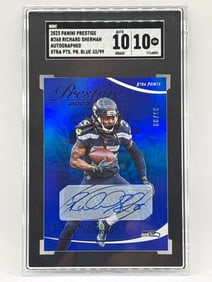/99 2023 PANINI PRESTIGE RICHARD SHERMAN AUTOGRAPHED XTRA POINTS BLUE MIRROR SGC GEM MINT 10/10