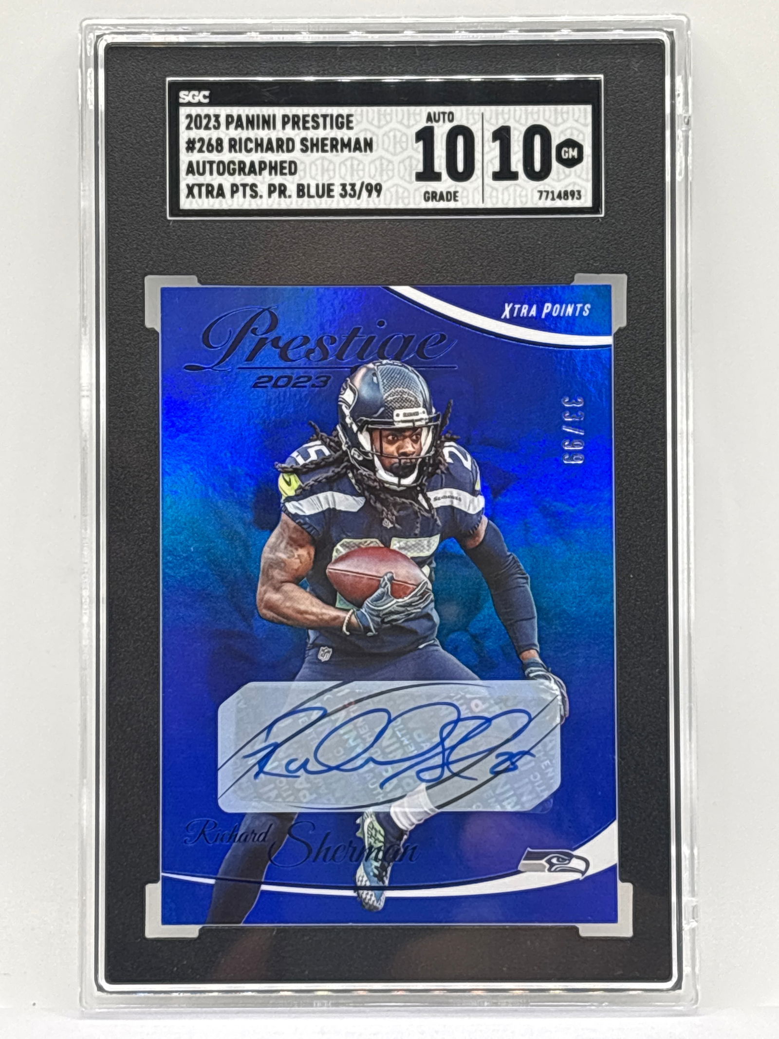 /99 2023 PANINI PRESTIGE RICHARD SHERMAN AUTOGRAPHED XTRA POINTS BLUE MIRROR SGC GEM MINT 10/10 (1 of 5)