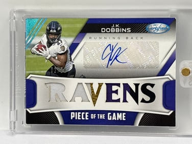 /20 2021 PANINI CERTIFIED PIECE OF THE GAME JK DOBBINS 4-COLOR AUTOGRAPHED PATCH CARD