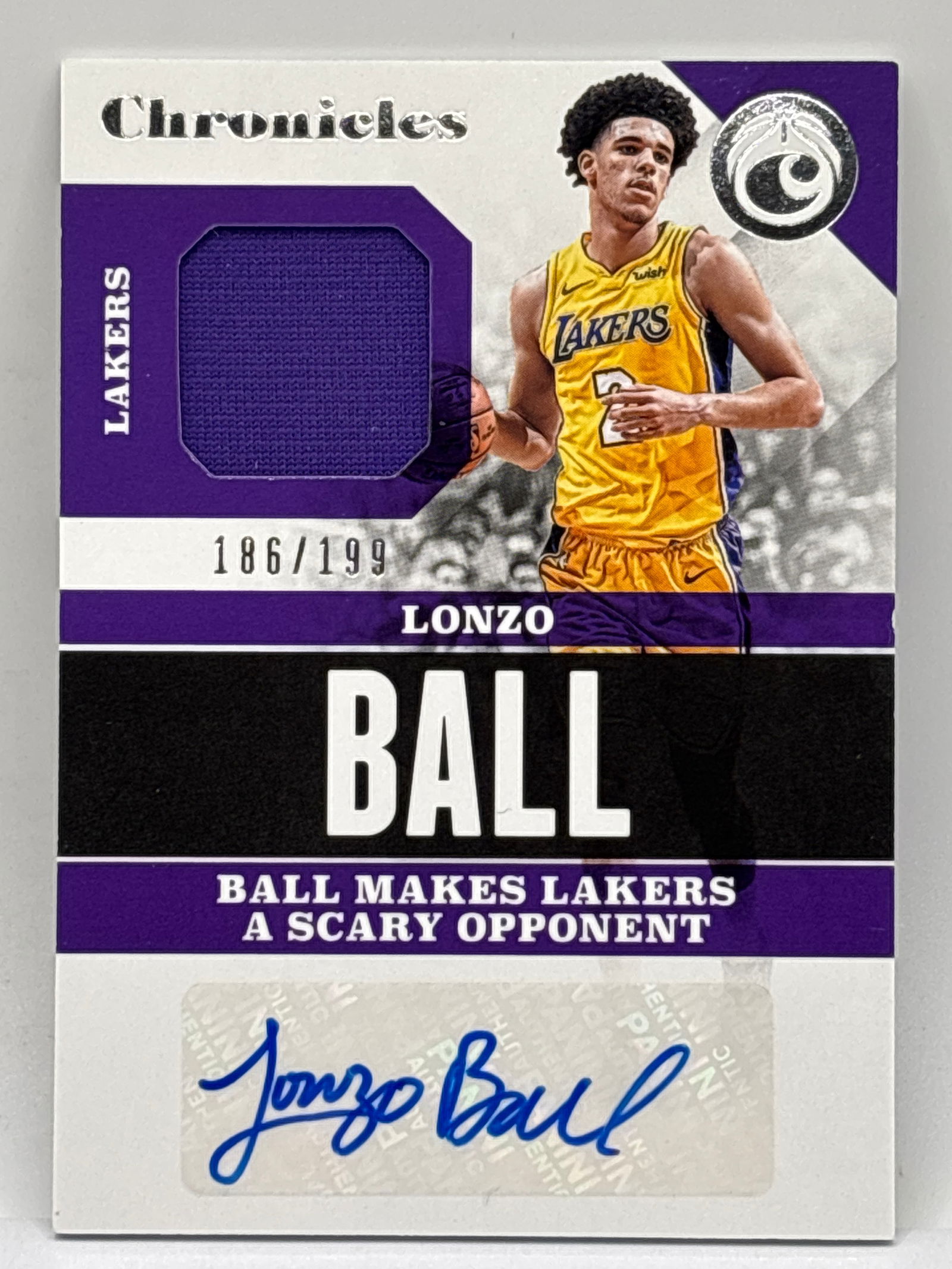 /199 2018 PANINI CHRONICLES LONZO BALL GAME-WORN JERSEY AUTOGRAPHED PATCH CARD (1 of 4)