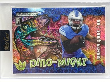 /2 2023 WC ALUMINATION JAHMYR GIBBS BLUE LAZERS DINO-MIGHT ROOKIE CARD