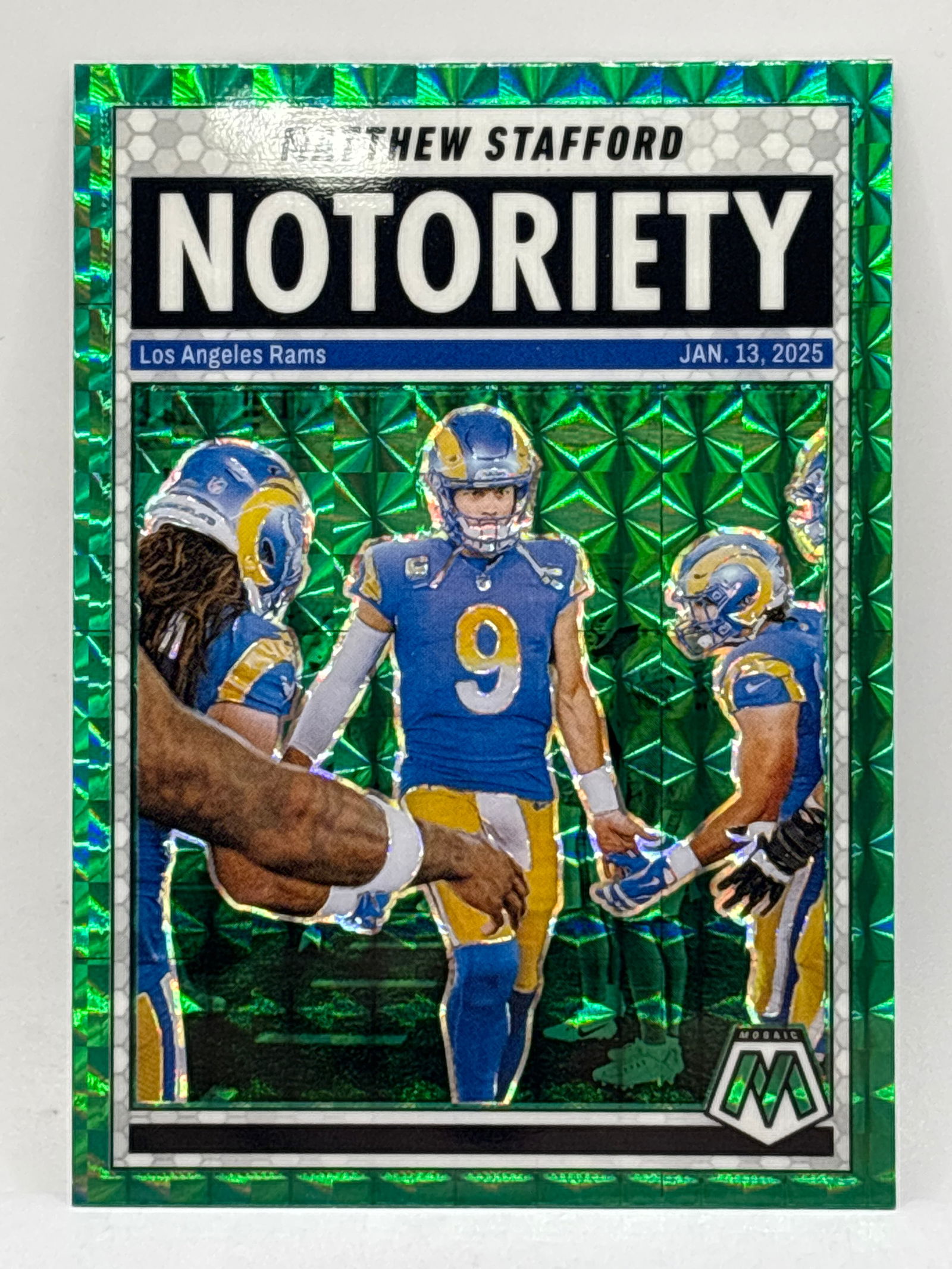2025 PANINI MOSAIC MATTHEW STAFFORD NOTORIETY GREEN PRIZM HOLO SP: THE HOBBY BOX