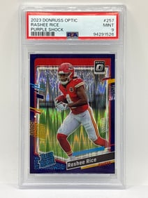 2023 PANINI DONRUSS OPTIC RASHEE RICE PURPLE SHOCK PRIZM HOLO RATED ROOKIE GRADED PSA MINT 9