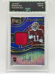 /75 2020 PANINI SELECT BRANDON AIYUK RPA AUTOGRAPHED BLUE PRIZM HOLO ROOKIE PATCH CARD GEM MINT 10