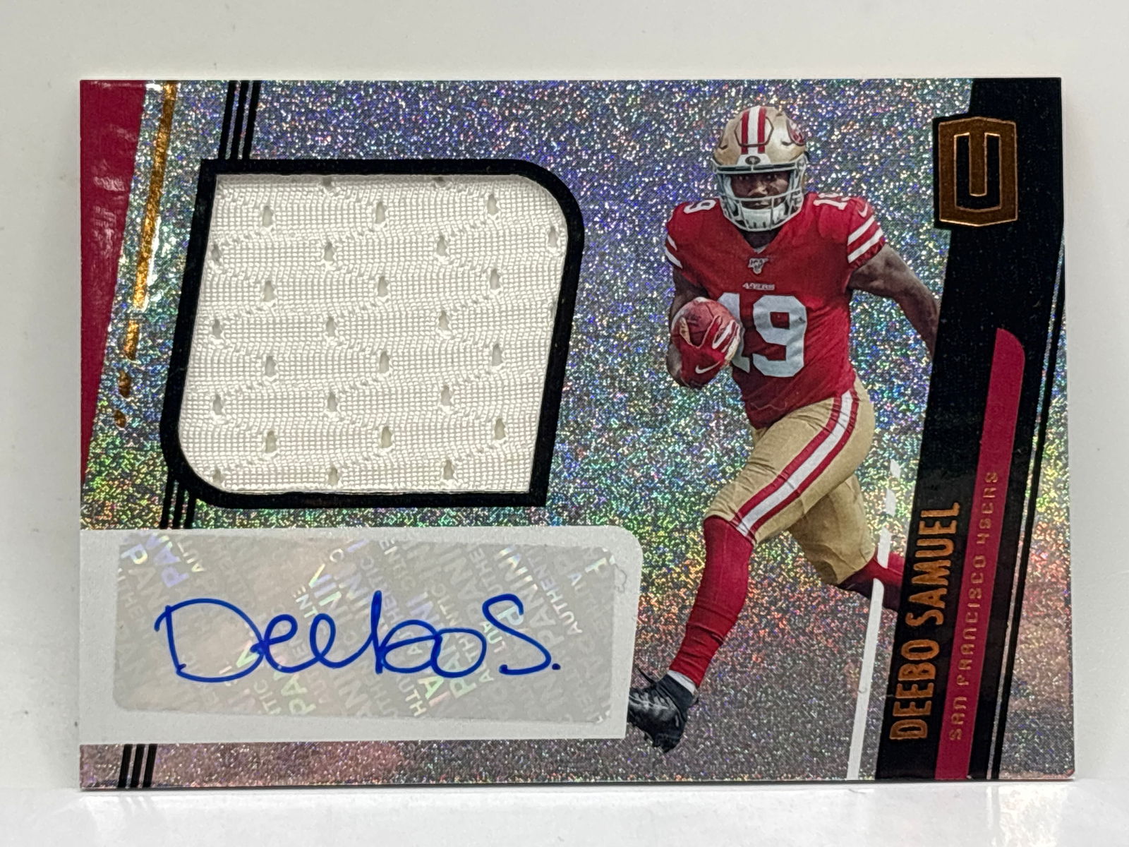 2019 PANINI UNPARALLELED DEEBO SAMUEL ROA AUTOGRAPHED GAME-WORN ROOKIE PATCH (1 of 3)