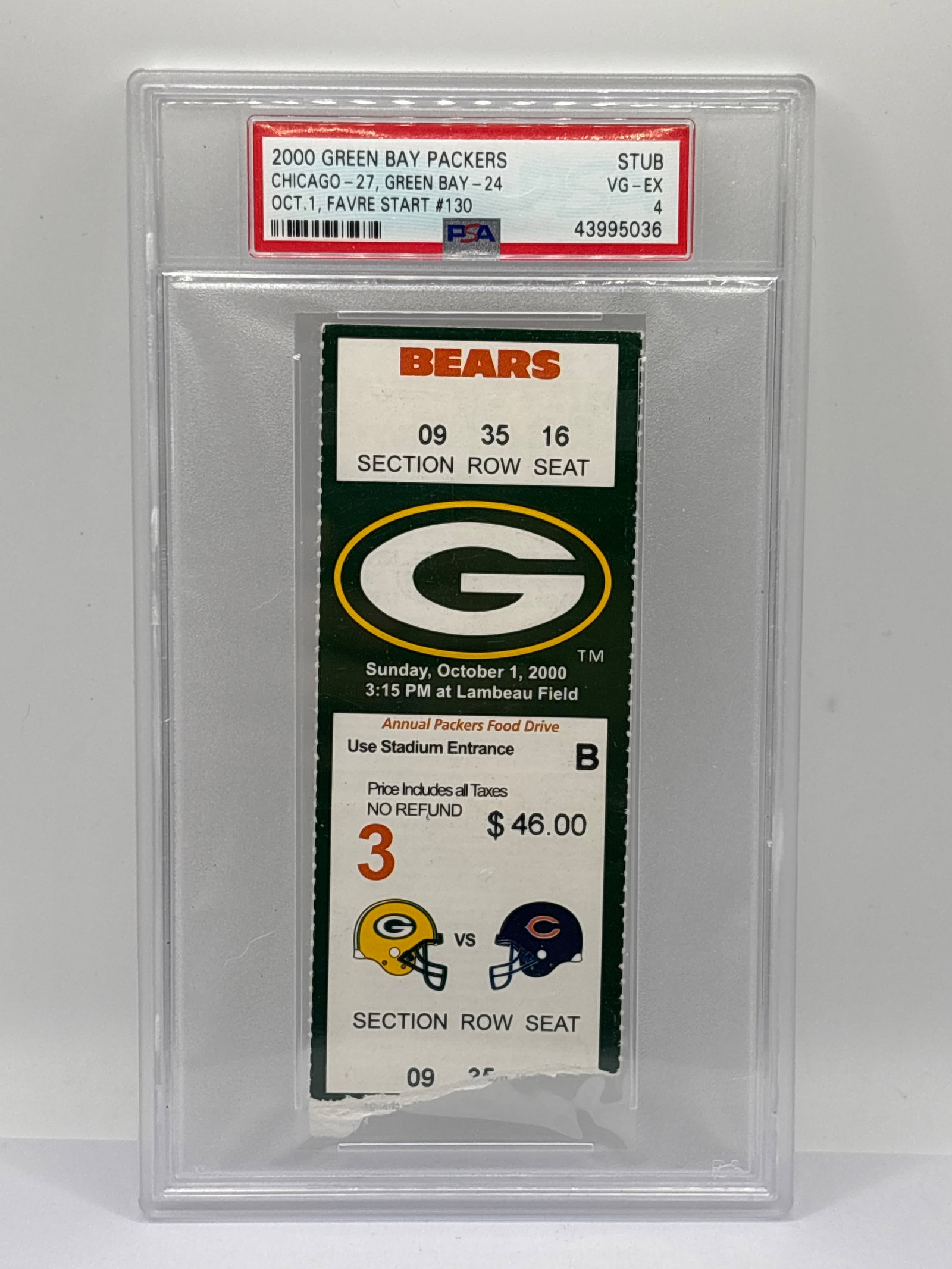 2000 GREEN BAY PACKERS VS CHICAGO BEARS 10/1/00 TICKET STUB GRADED PSA VG-EX 4 (1 of 3)
