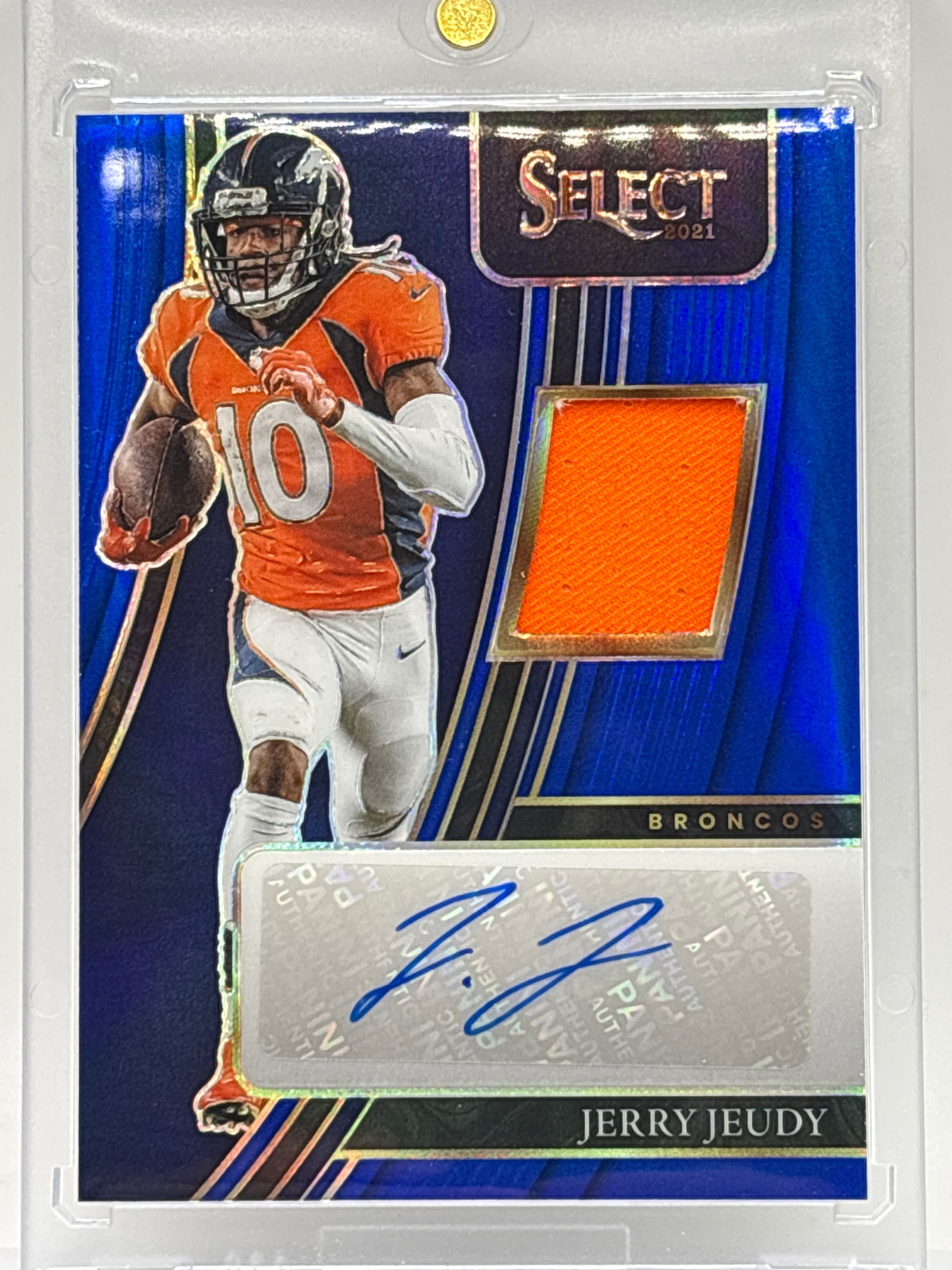 /60 2021 PANINI SELECT JERRY JEUDY BLUE PRIZM HOLO AUTOGRAPHED PATCH INSERT (1 of 3)