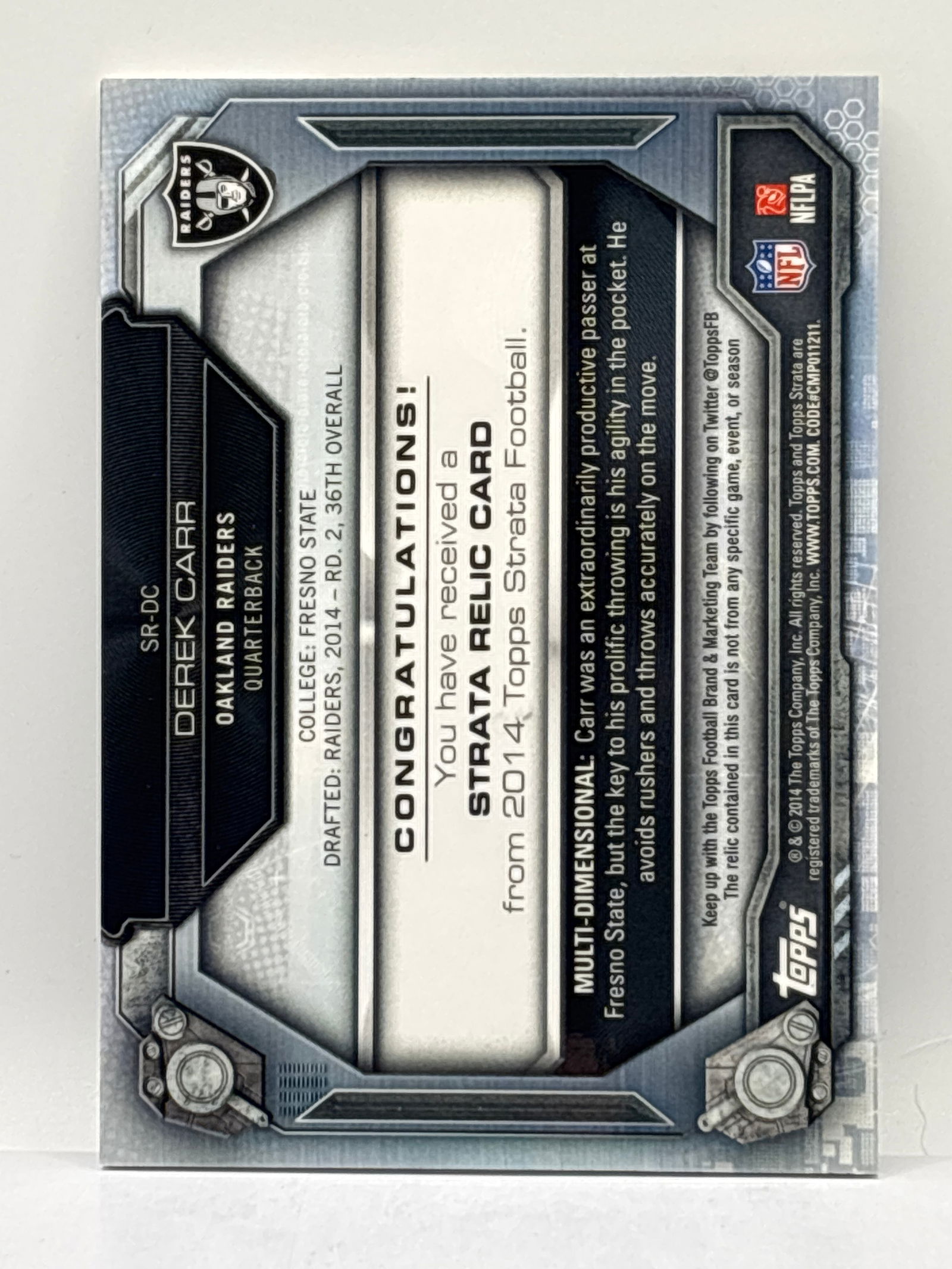 2014 TOPPS STRATA DEREK CARR ROOKIE PATCH - 3