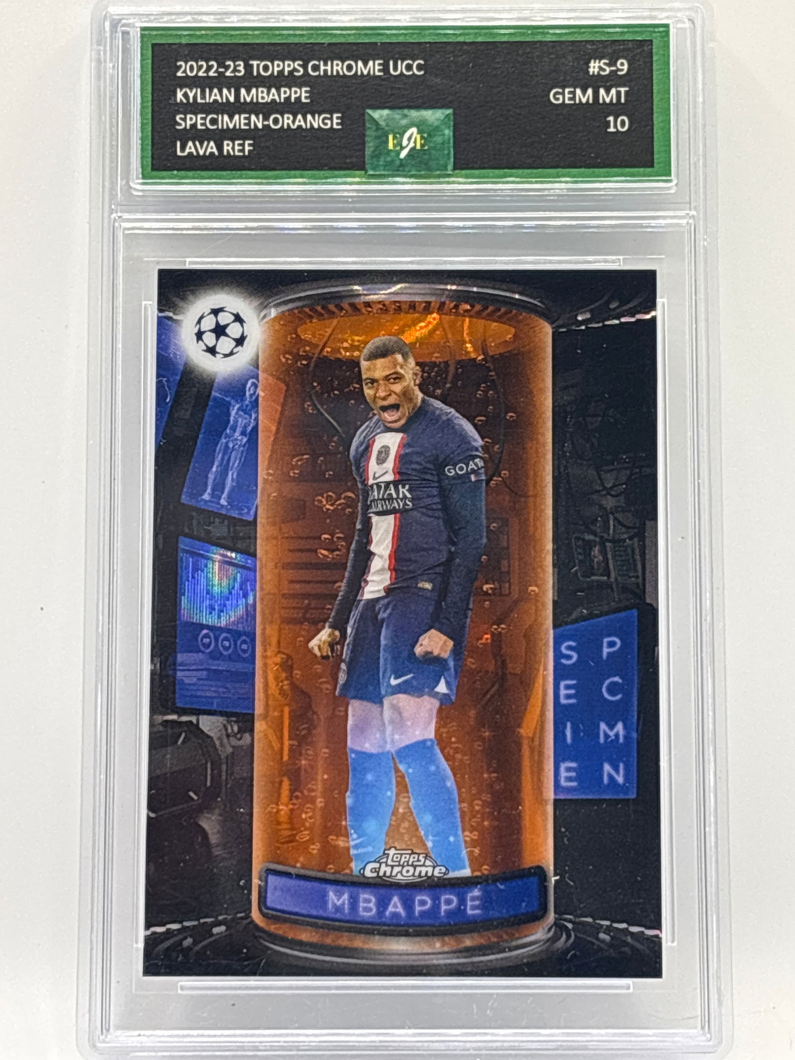 RARE 2022-23 TOPPS CHROME KYLIAN MBAPPE SPECIMEN-ORANGE LAVA REFRACTOR GRADED GEM MINT 10 (1 of 3)
