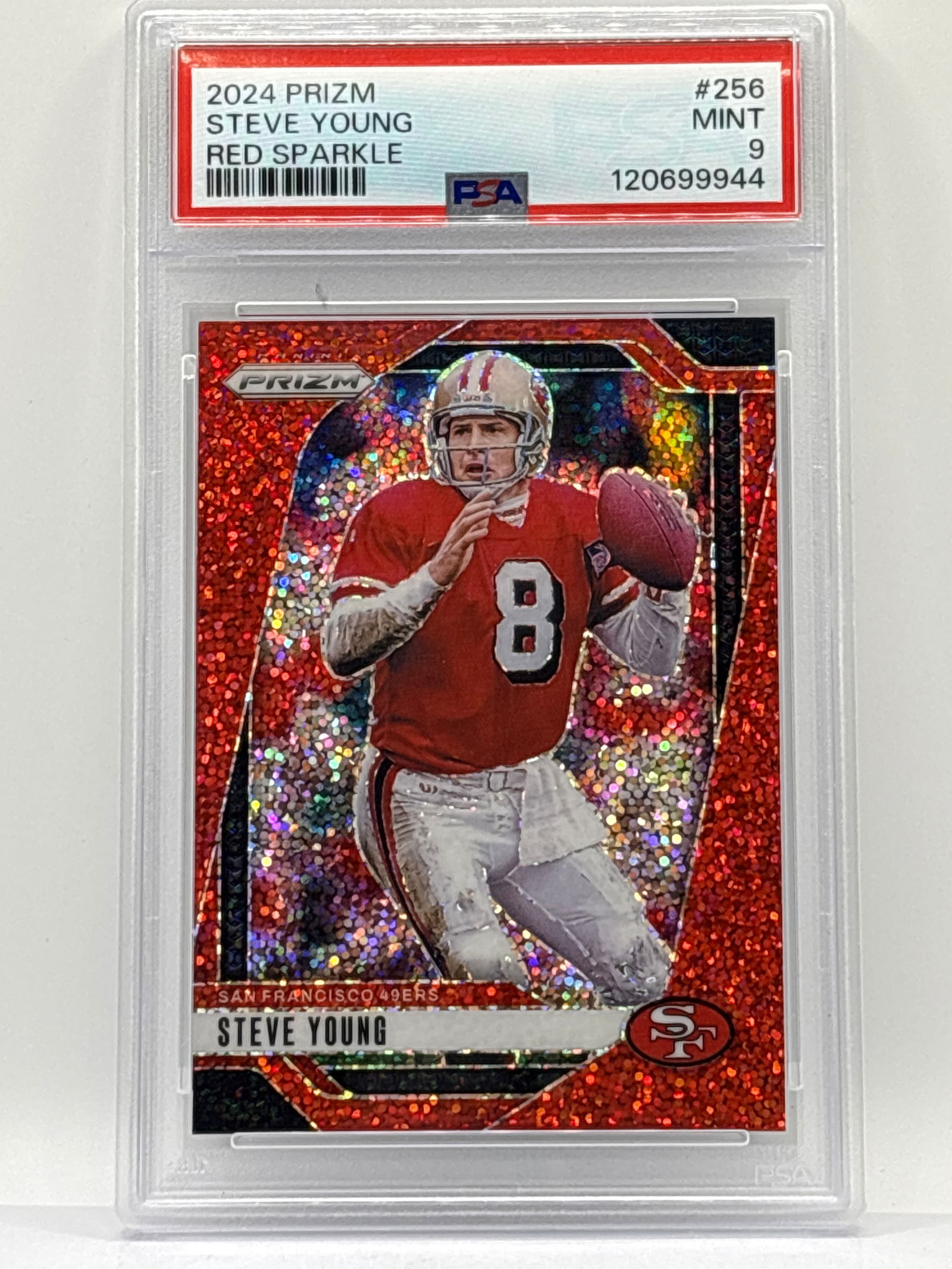 2024 PANINI PRIZM STEVE YOUNG RED SPARKLE PRIZM HOLO SP GRADED PSA MINT 9 (1 of 3)