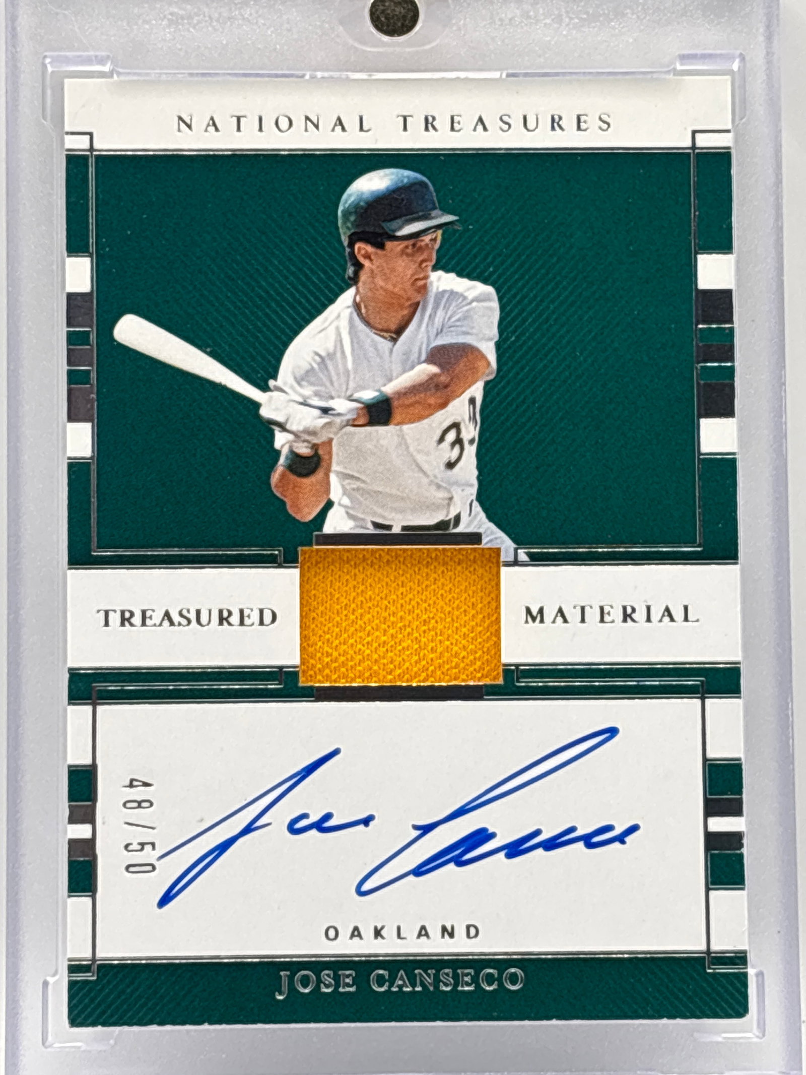 /50 2020 PANINI NATIONAL TREASURES JOSE CANSECO TREASURED MATERIAL ON-CARD AUTOGRAPH: THE HOBBY BOX