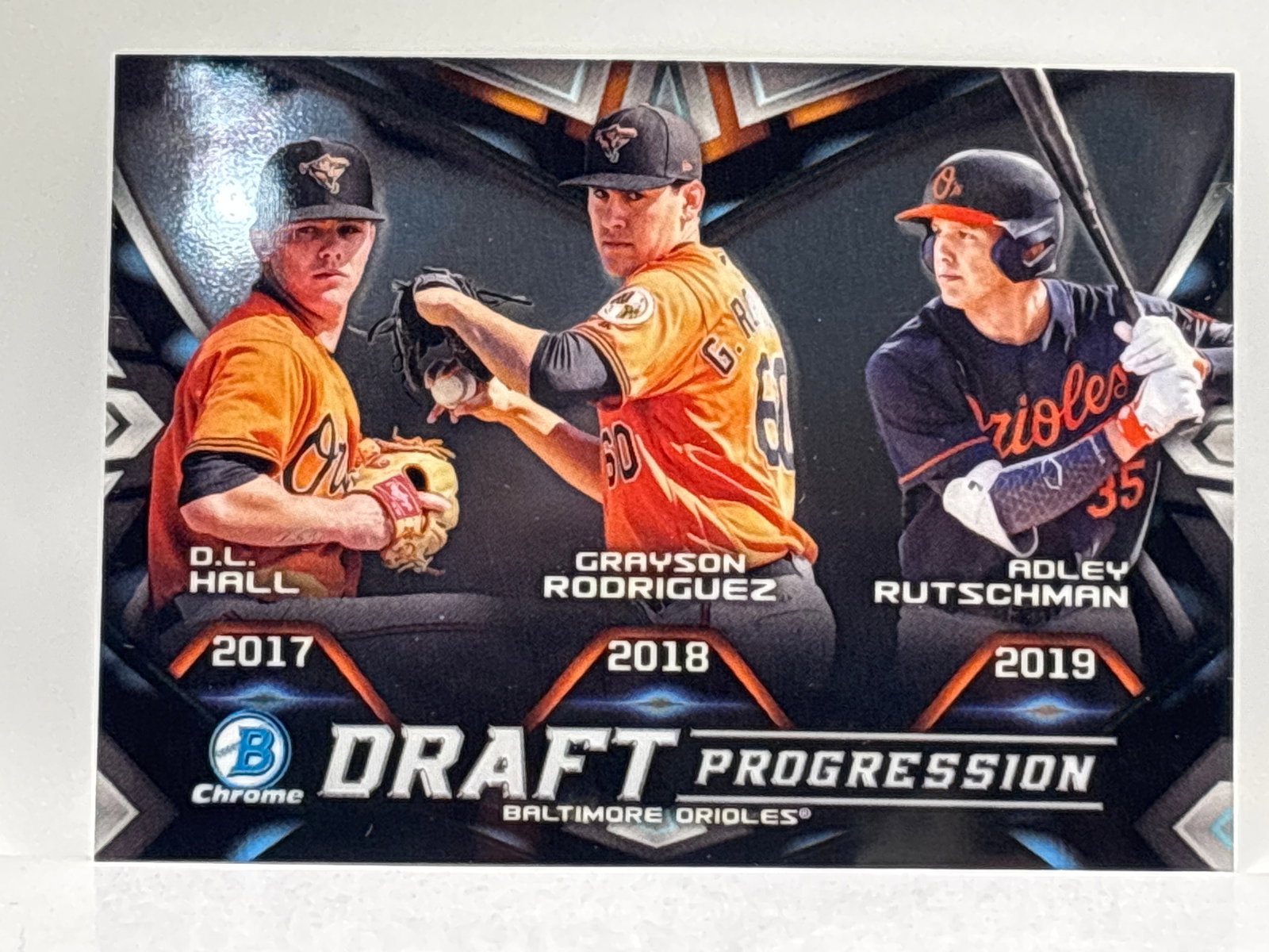 2019 BOWMAN CHROME DRAFT PROGRESSION ADLEY RUTSCHMAN & DL HALL & GRAYSON RODRIGUEZ ROOKIE CARD: THE HOBBY BOX