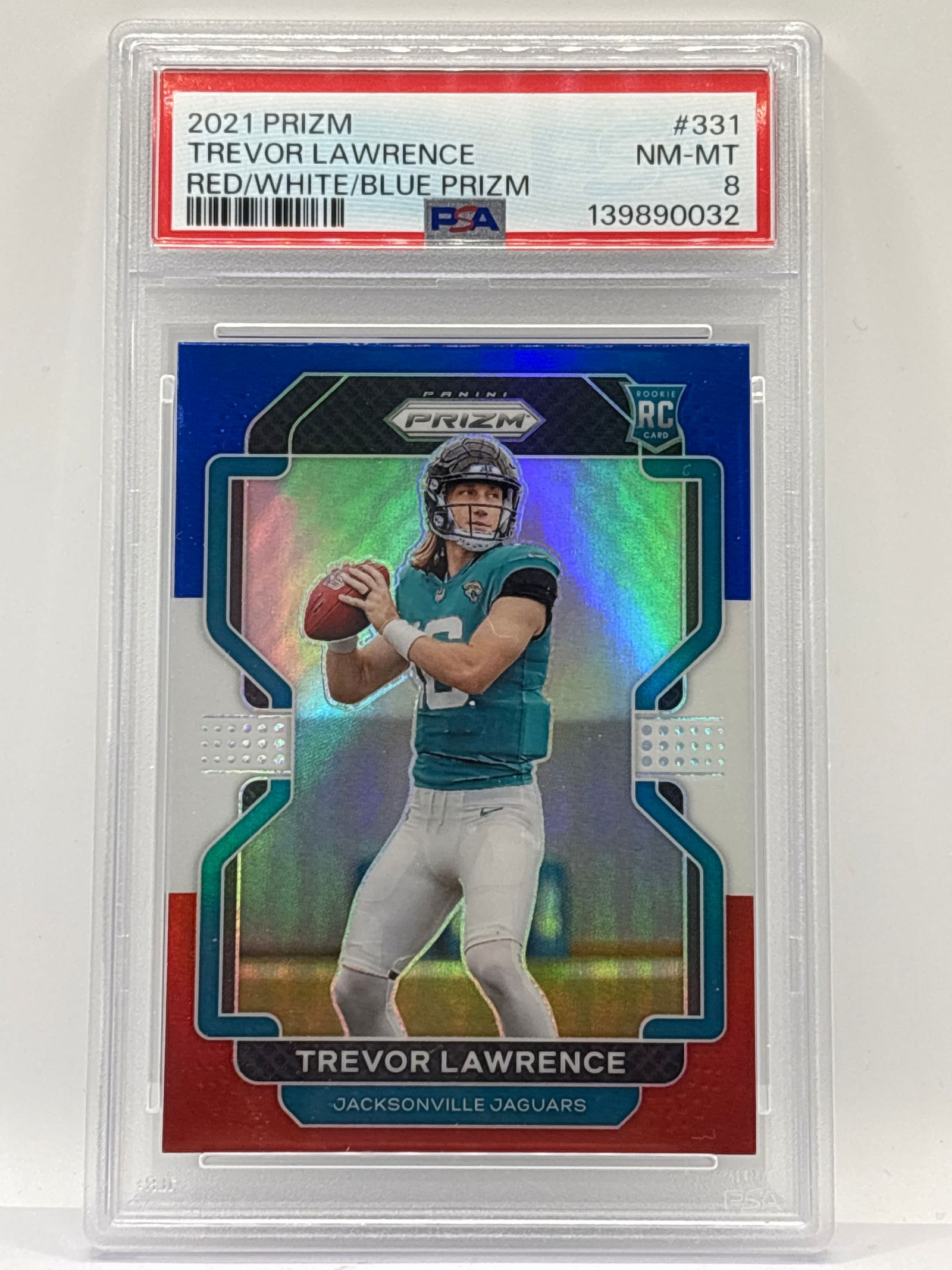 2021 PANINI PRIZM TREVOR LAWRENCE RED/WHITE/BLUE PRIZM HOLO ROOKIE CARD GRADED PSA NM-MT 8 (1 of 4)