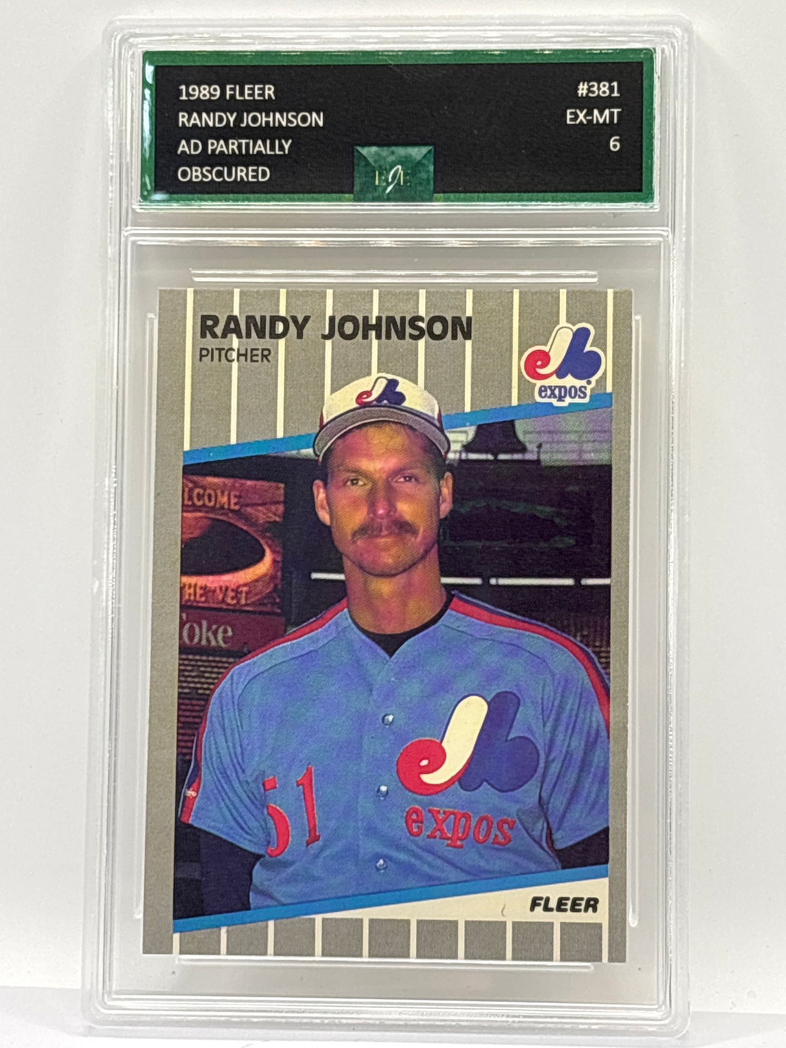 ICONIC 1989 FLEER RANDY JOHNSON ROOKIE ERROR CARD -AD PARTIALLY OBSCURED EX-MT 6 (1 of 3)