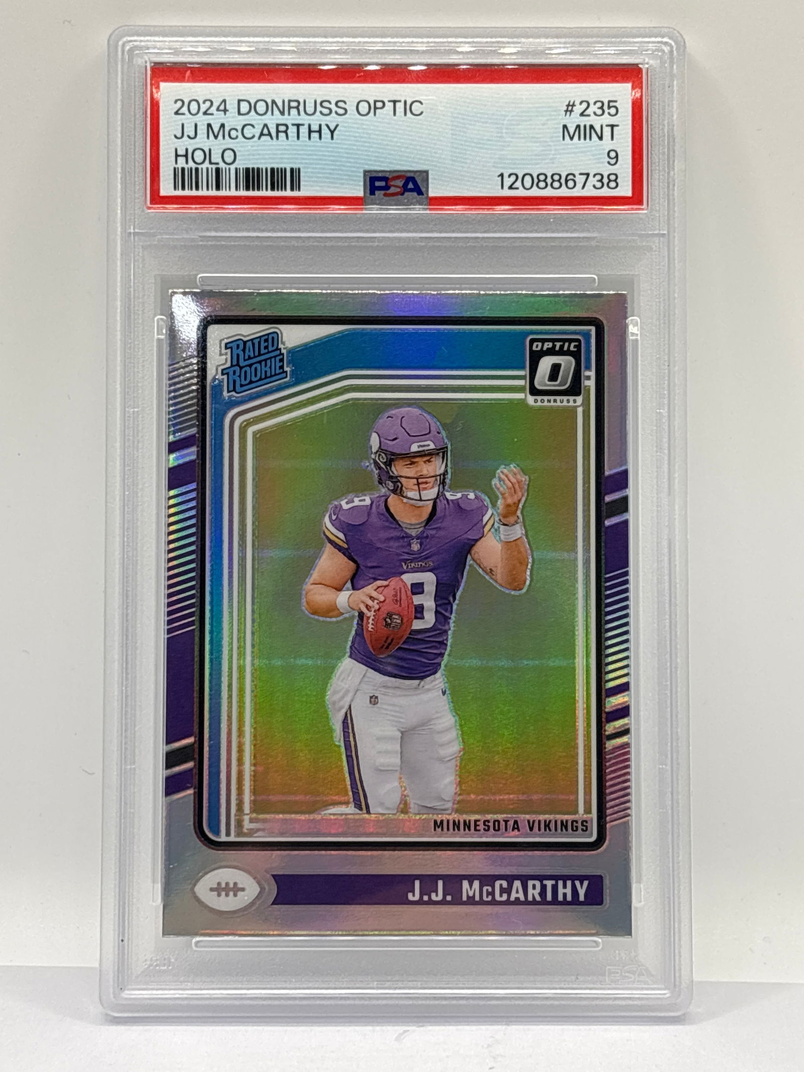 2024 PANINI DONRUSS OPTIC JJ MCARTHY SILVER PRIZM HOLO RATED ROOKIE CARD GRADED PSA MINT 9 (1 of 3)
