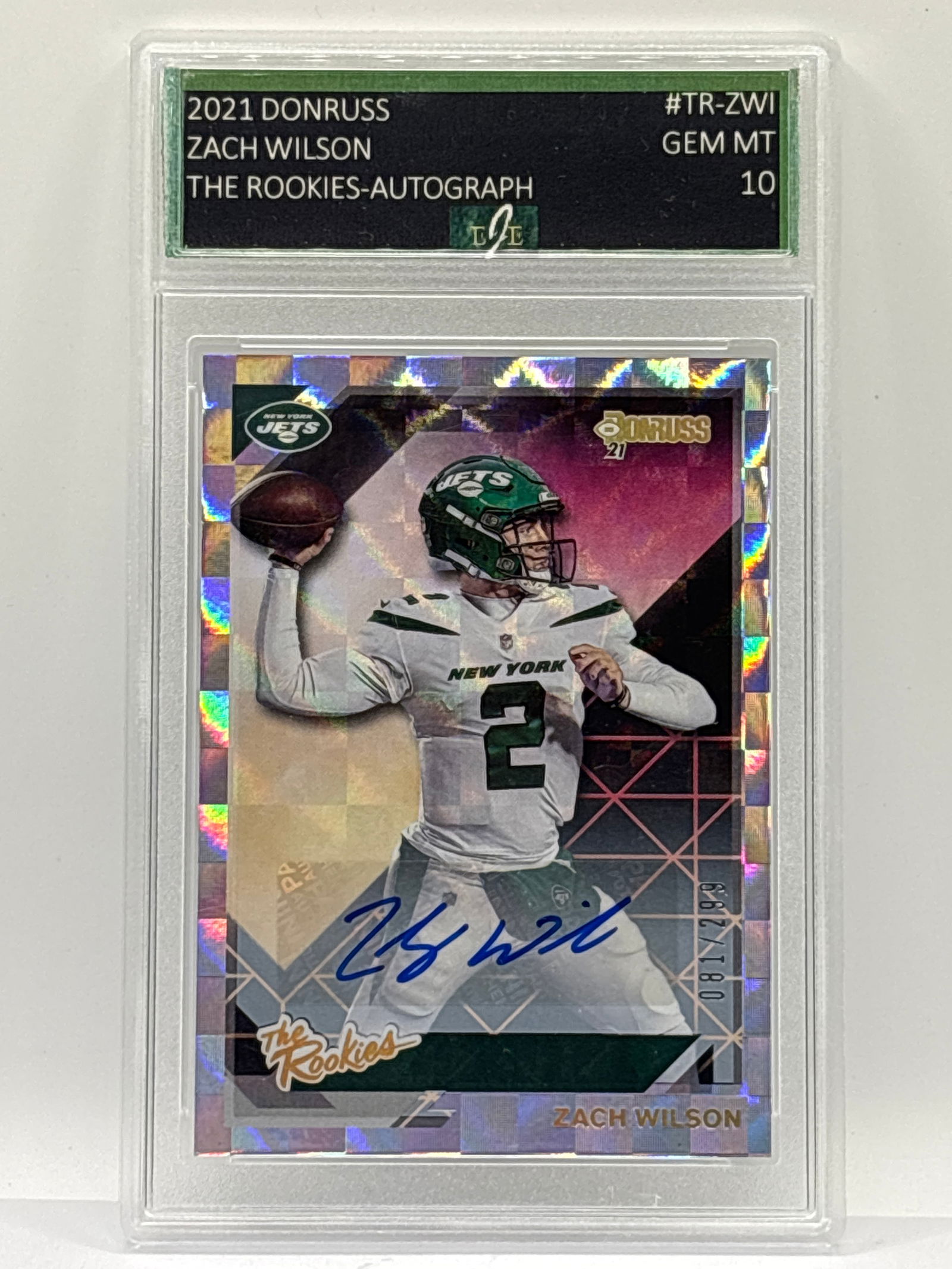 /299 2021 PANINI DONRUSS ZACH WILSON AUTOGRAPHED THE ROOKIES ROOKIE INSERT GRADED GEM MINT 10 (1 of 3)