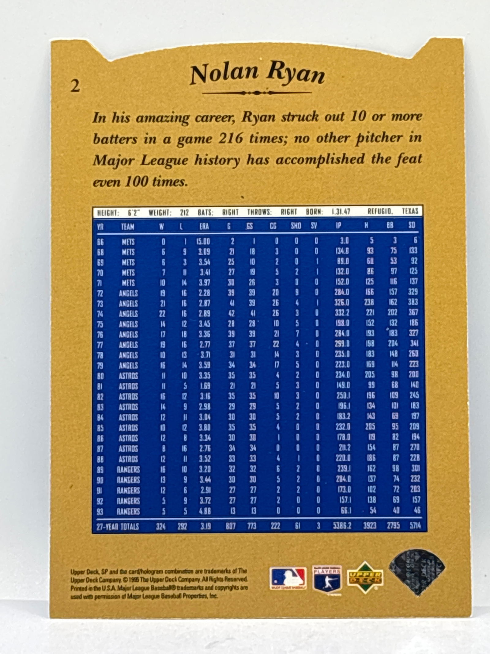 1995 UPPER DECK SP SALUTE NOLAN RYAN DIE-CUT INSERT - 2