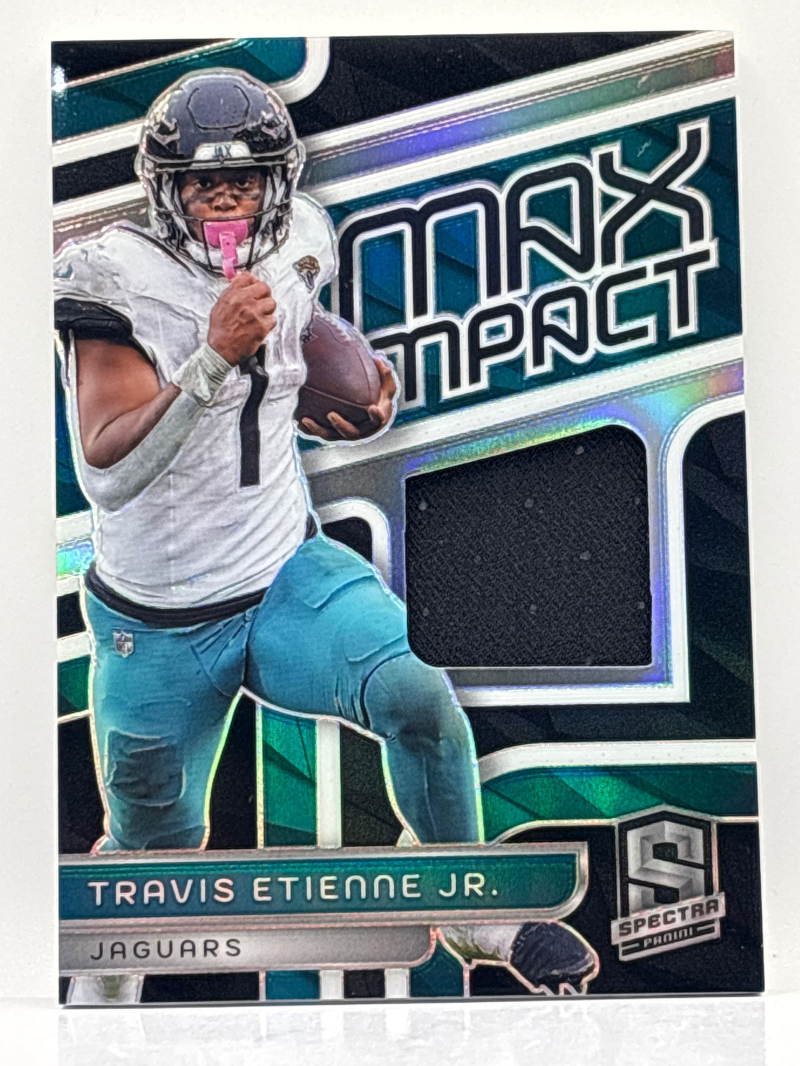 /99 2024 PANINI SPECTRA TRAVIS ETIENNE JR MAX IMPACT PRIZM HOLO SP MEM PATCH: THE HOBBY BOX