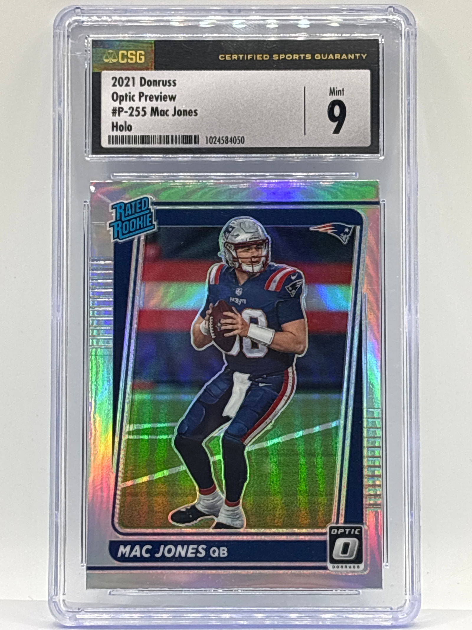 2021 PANINI DONRUSS OPTIC PREVIEW MAC JONES PRIZM HOLO RATED ROOKIE GRADED MINT 9 (1 of 2)