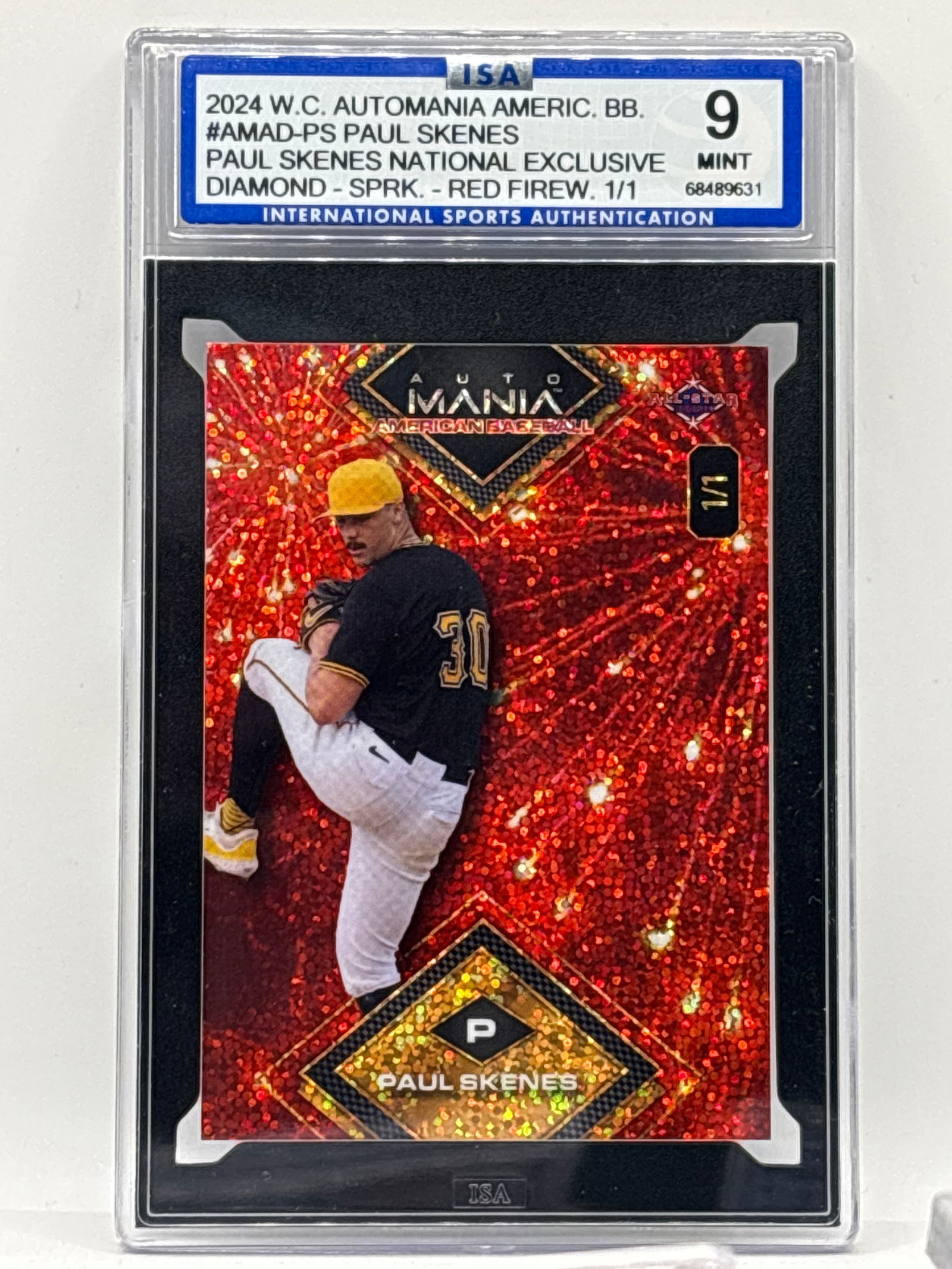 1/1 2024 AUTOMANIA AMERICAN BB PAUL SKENES NATL EXCLUSIVE DIAMOND SPARKLE RED FIREWORKS 1/1 MINT 9: THE HOBBY BOX