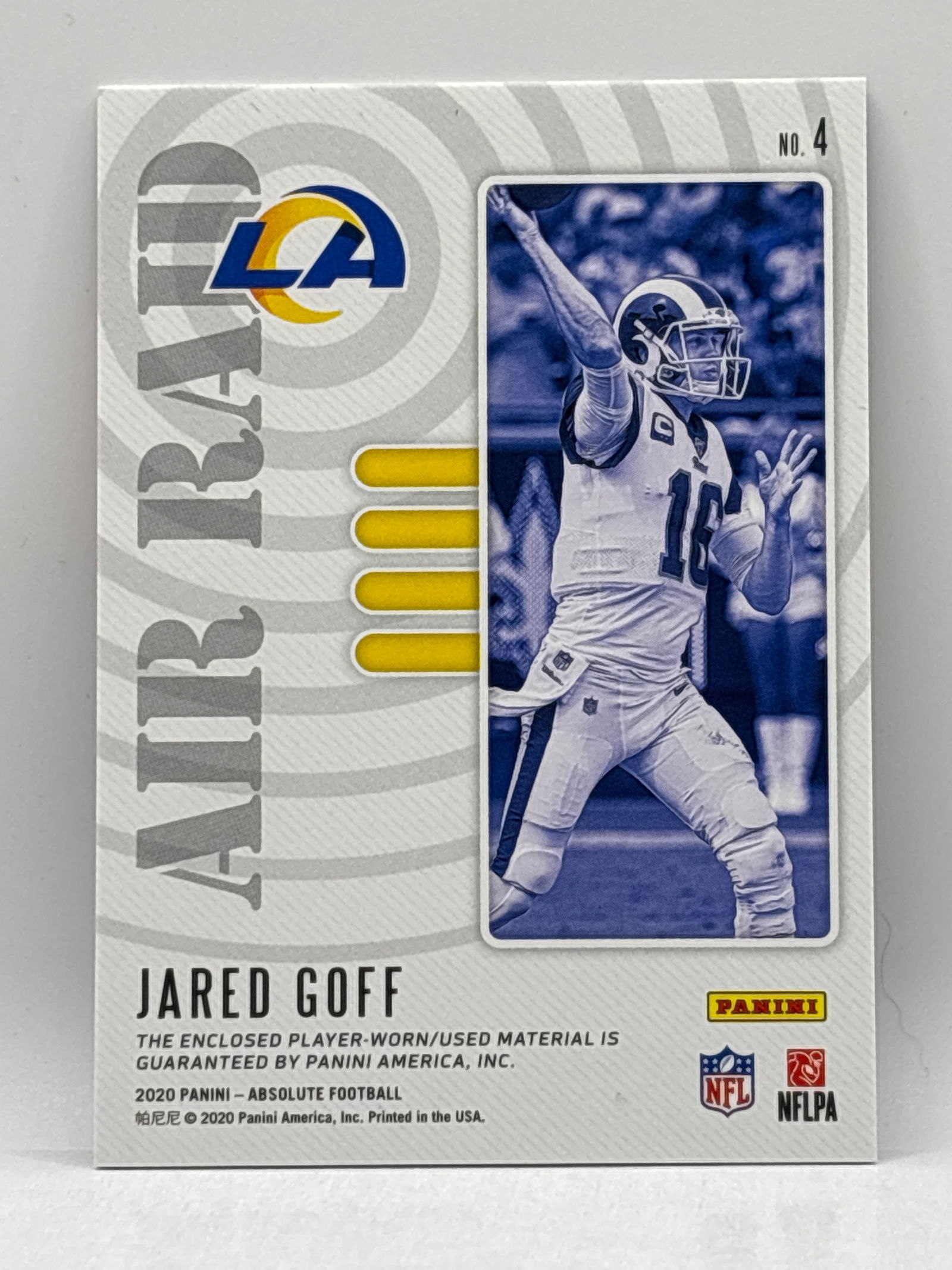 /199 2020 PANINI ABSOLUTE JARED GOFF AIR RAID PLAYER-WORN PATCH - 2