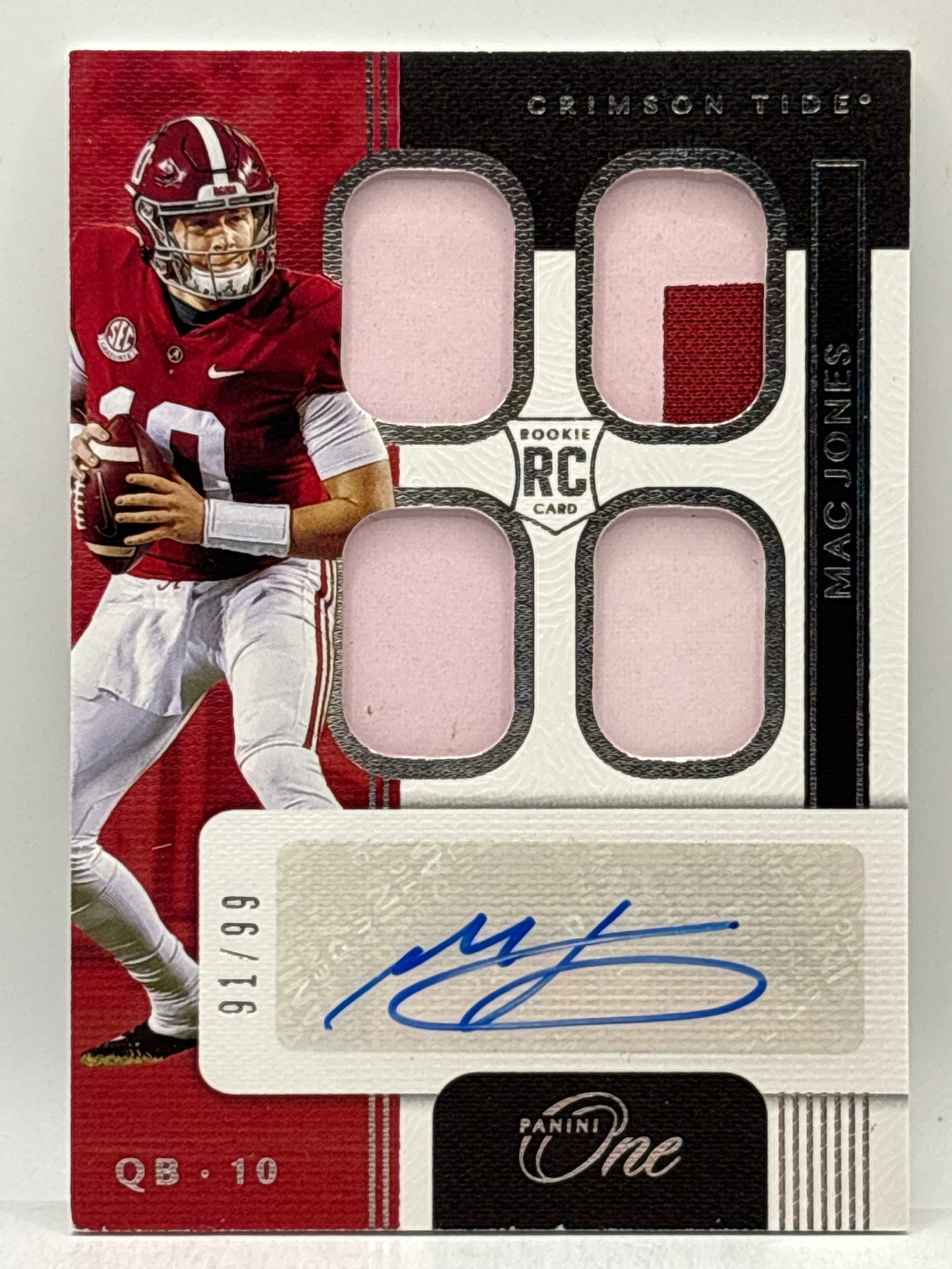 /99 2021 PANINI CHRONICLES PANINI ONE DRAFT PICKS MAC JONES PLAYER WORN QUAD PATCH RPA: THE HOBBY BOX