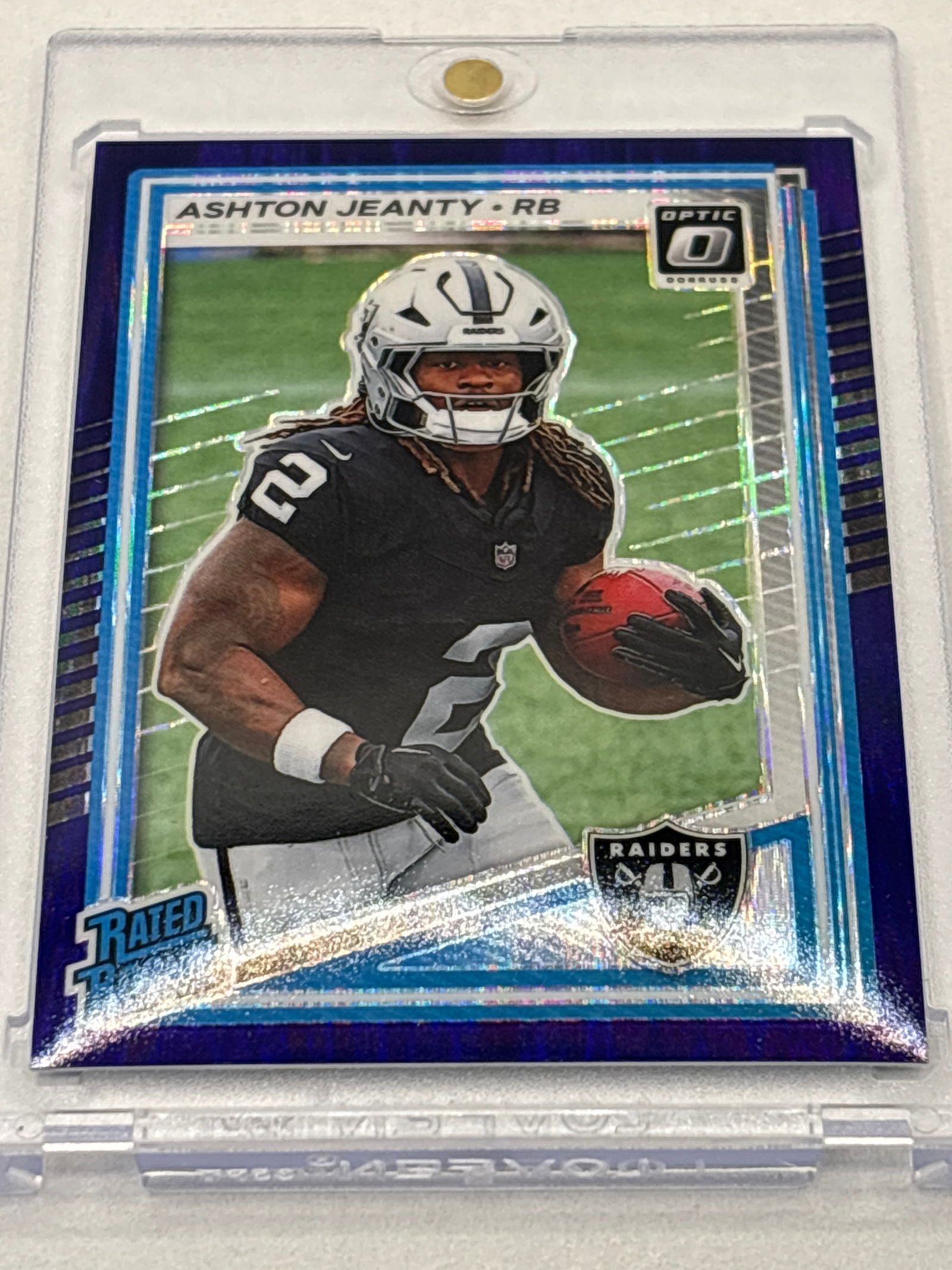 2025 PANINI DONRUSS OPTIC ASHTON JEANTY PURPLE SHOCK PRIZM HOLO RATED ROOKIE CARD: THE HOBBY BOX