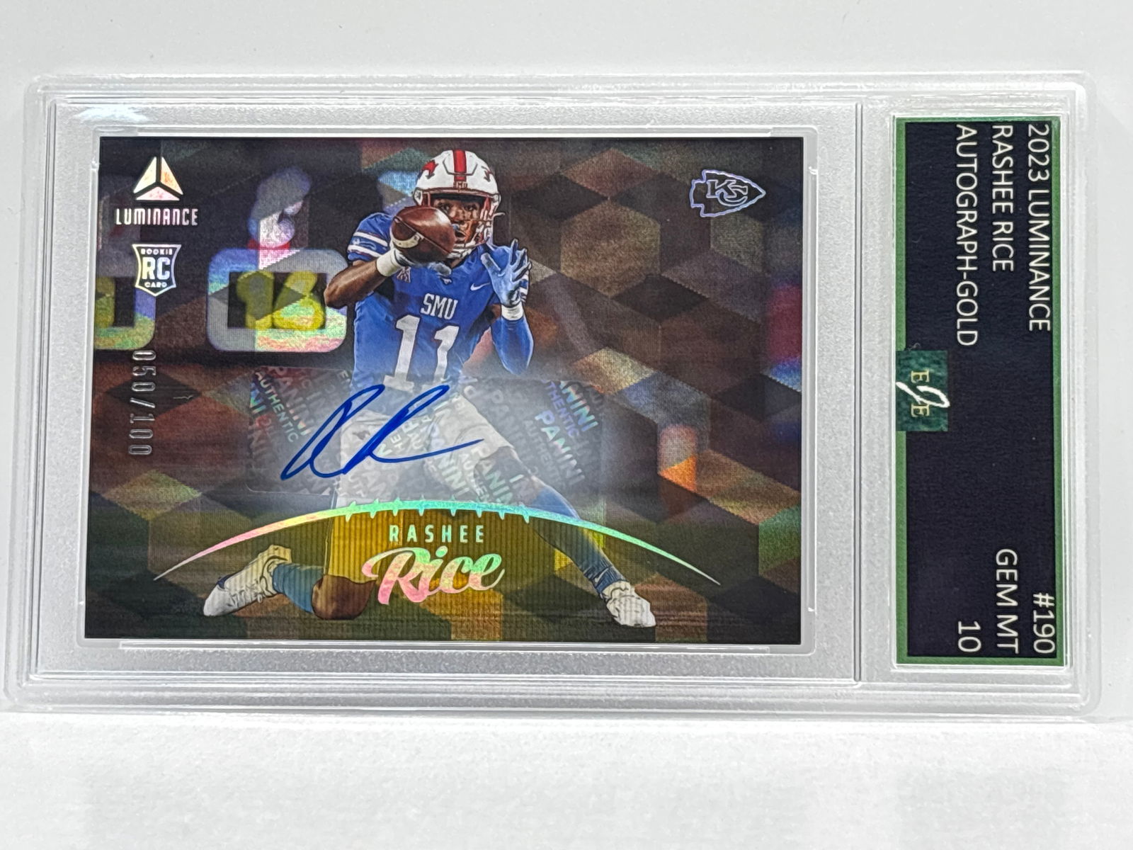 /100 2023 PANINI LUMINANCE RASHEE RICE CUBIC SP AUTOGRAPHED ROOKIE CARD GRADED GEM MINT 10: THE HOBBY BOX