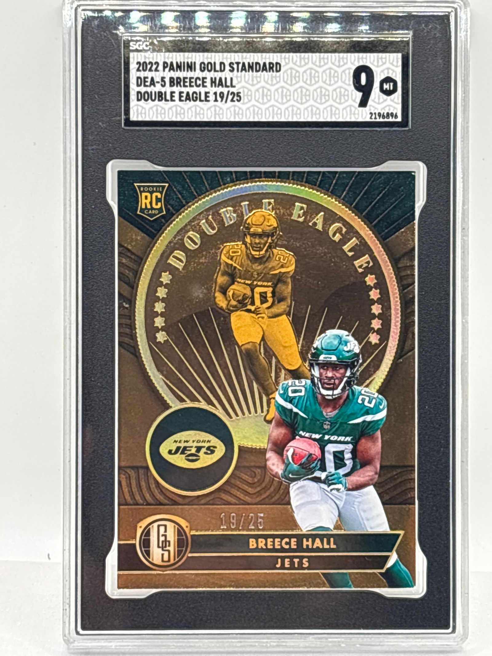 /25 2022 PANINI GOLD STANDARD BREECE HALL DOUBLE EAGLE SSP ROOKIE CARD GRADED SGC MINT 9: THE HOBBY BOX