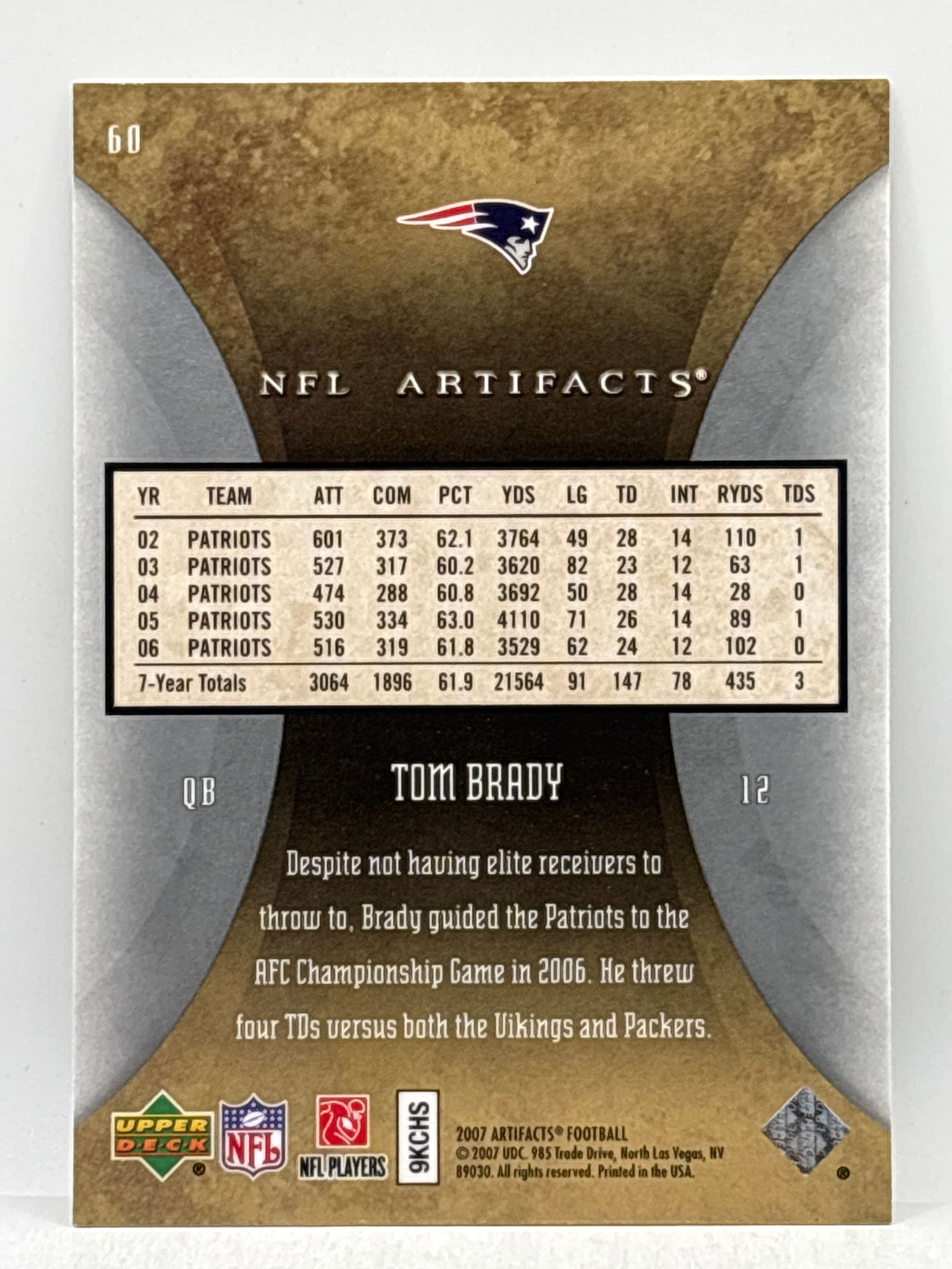 2007 UPPER DECK TOM BRADY NFL ARTIFACTS - 2