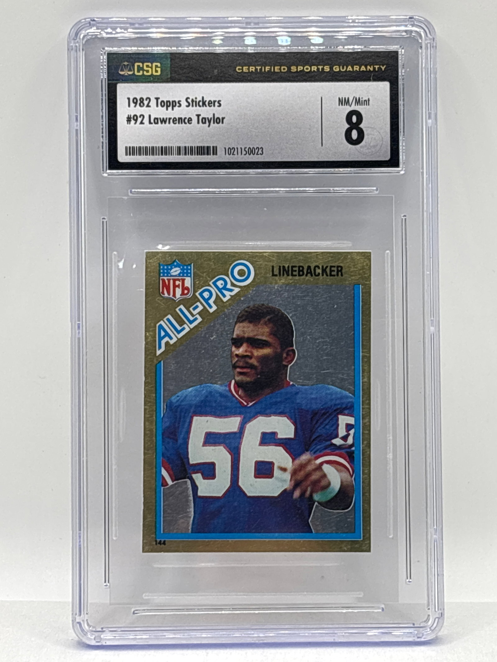 1982 TOPP STICKERS LAWRENCE TAYLOR ALL-PRO GRADED NM/MINT 8: THE HOBBY BOX
