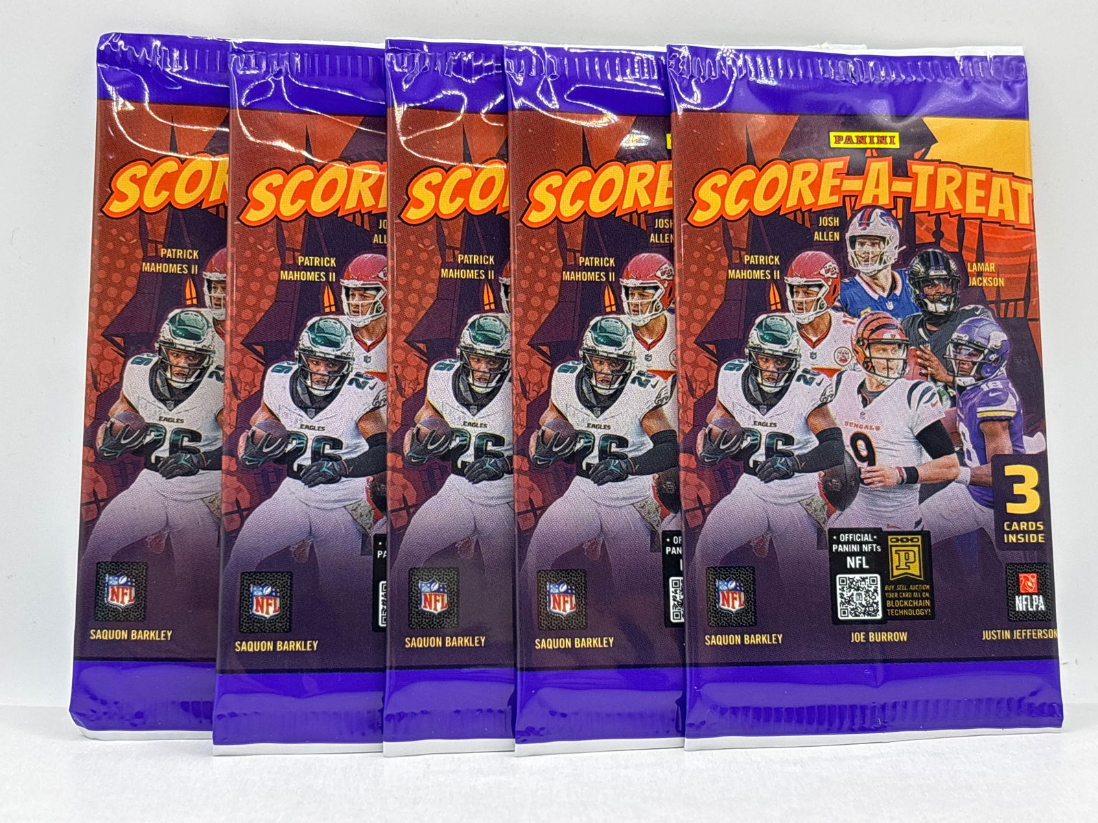 5 PACK OF 2025 PANINI NFL FOOTBALL SCORE-A-TREAT PACKS LOT: THE HOBBY BOX
