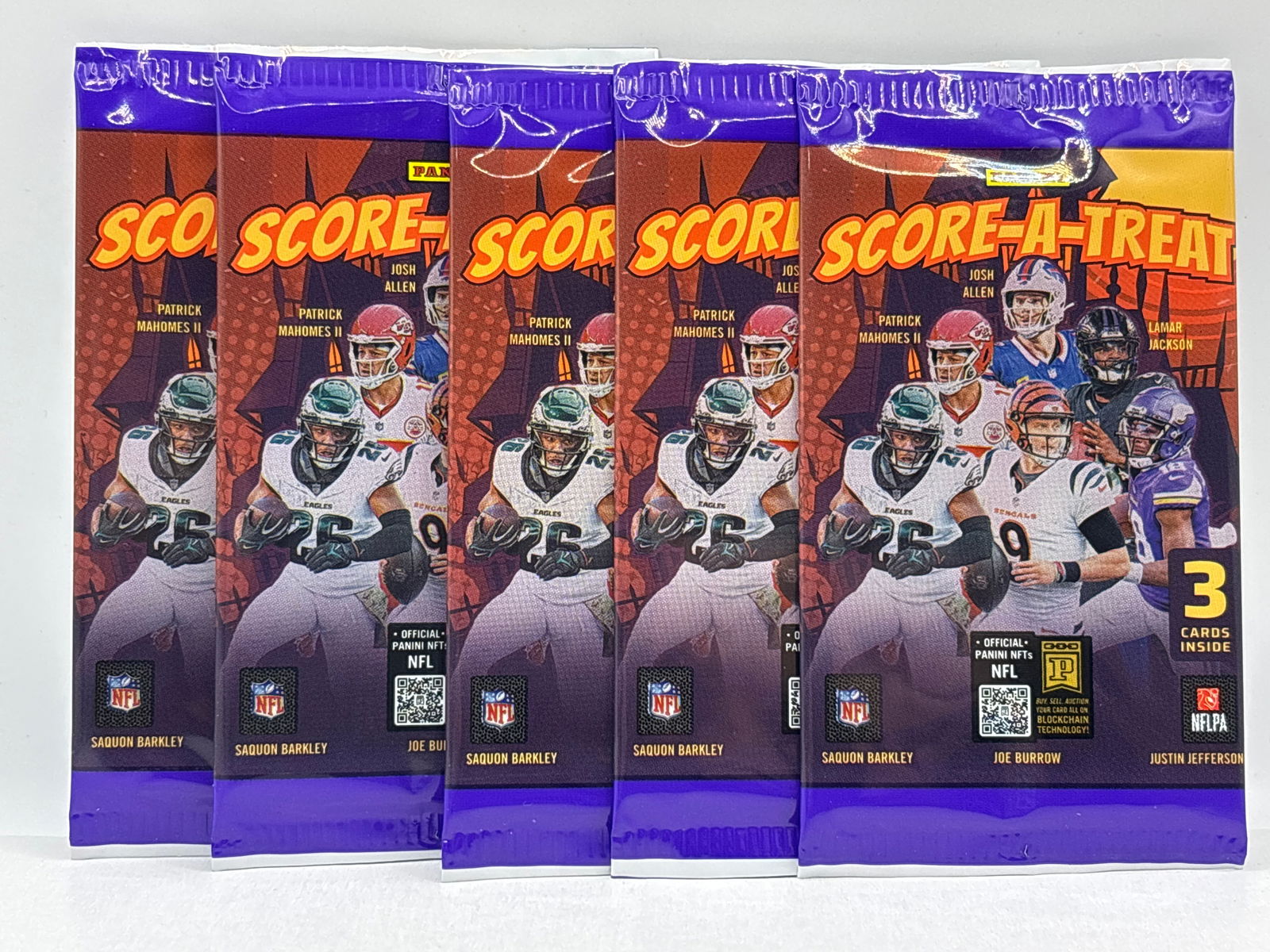 5 PACK OF 2025 PANINI SCORE-A-TREAT NFL FOOTBALL CARD PACKS LOT: THE HOBBY BOX